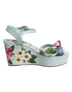 Dolce & Gabbana Green Floral Ankle Strap Wedge Sandals Shoes - Zeiniez