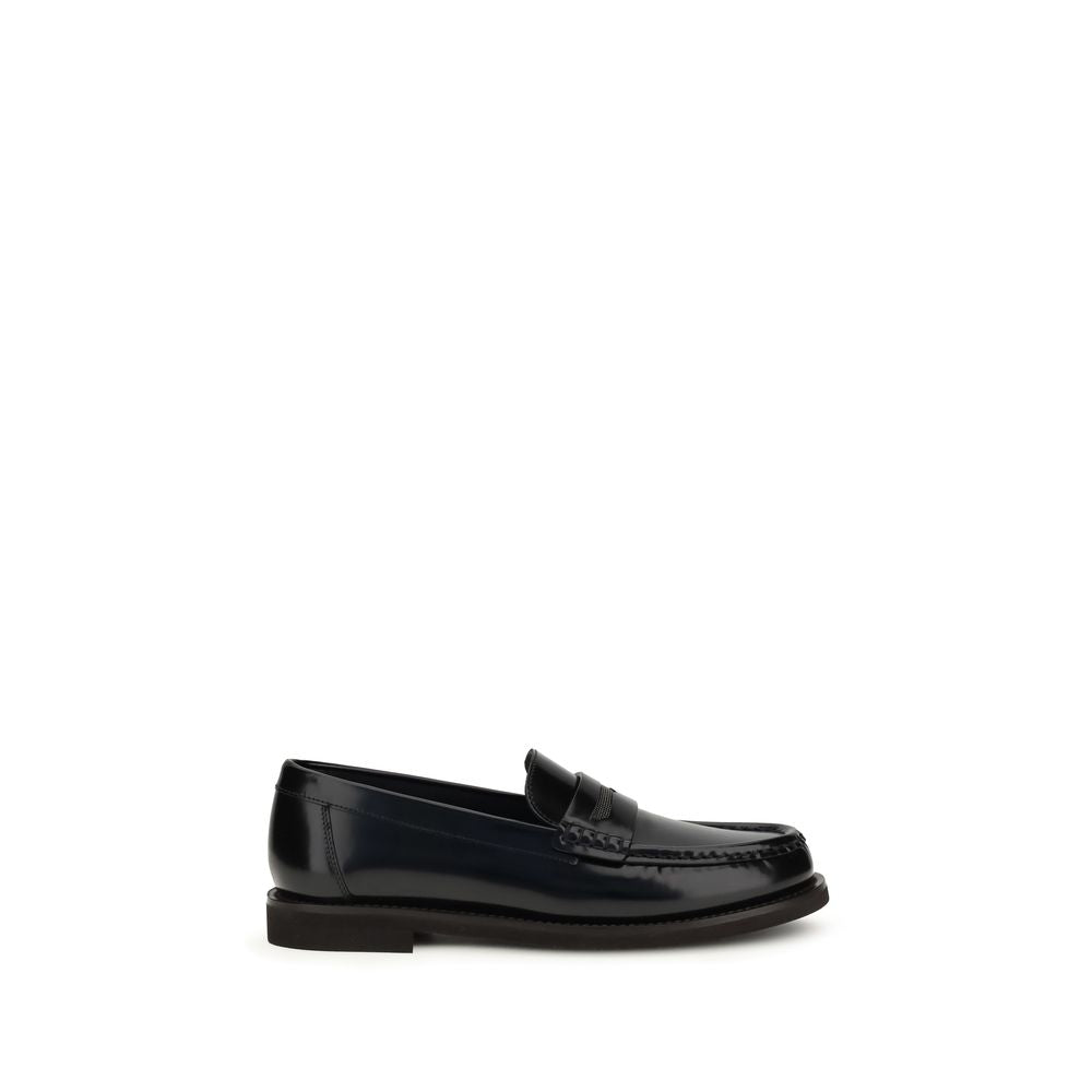 Brunello Cucinelli Black Leather Slip-On Loafers - Zeiniez