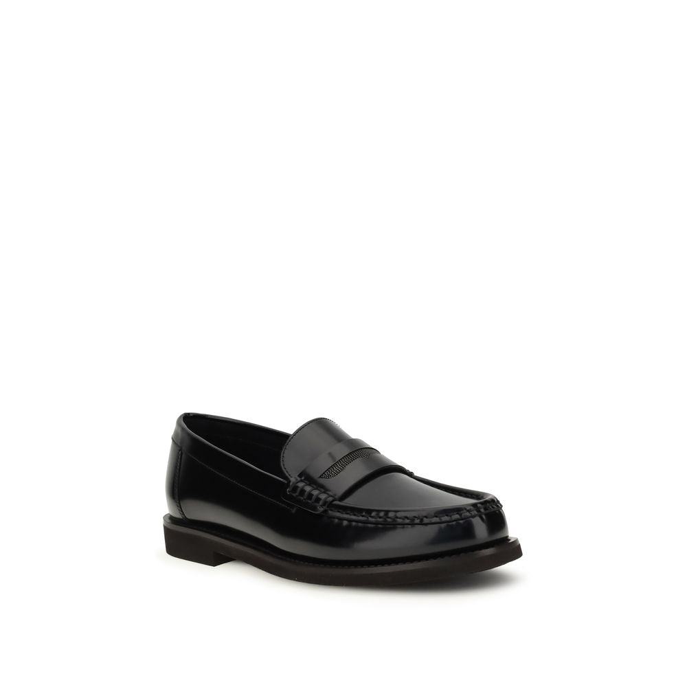 Brunello Cucinelli Black Leather Slip-On Loafers - Zeiniez