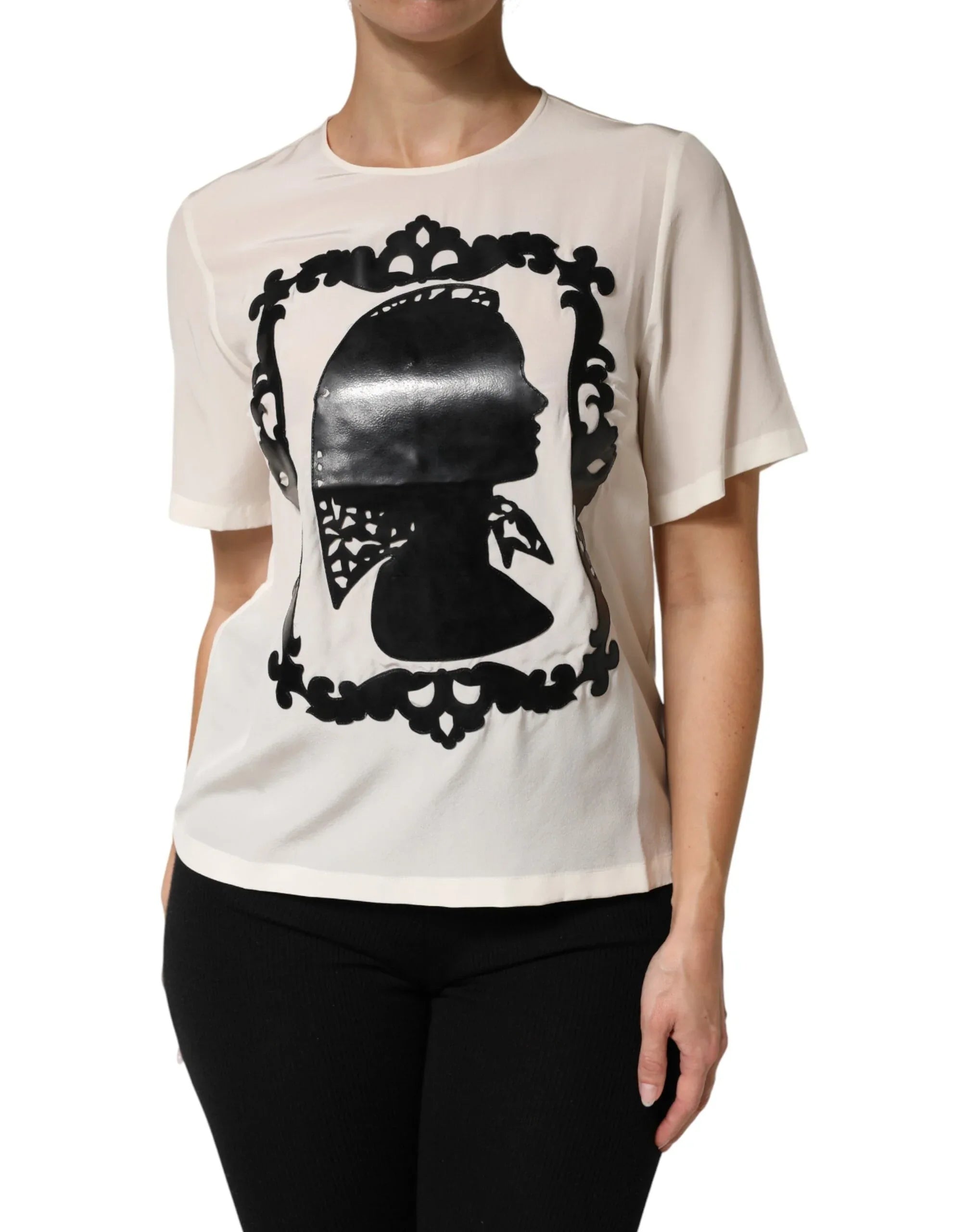 Dolce & Gabbana Cream Silk Silhouette Detail Short Sleeve Top - Zeiniez