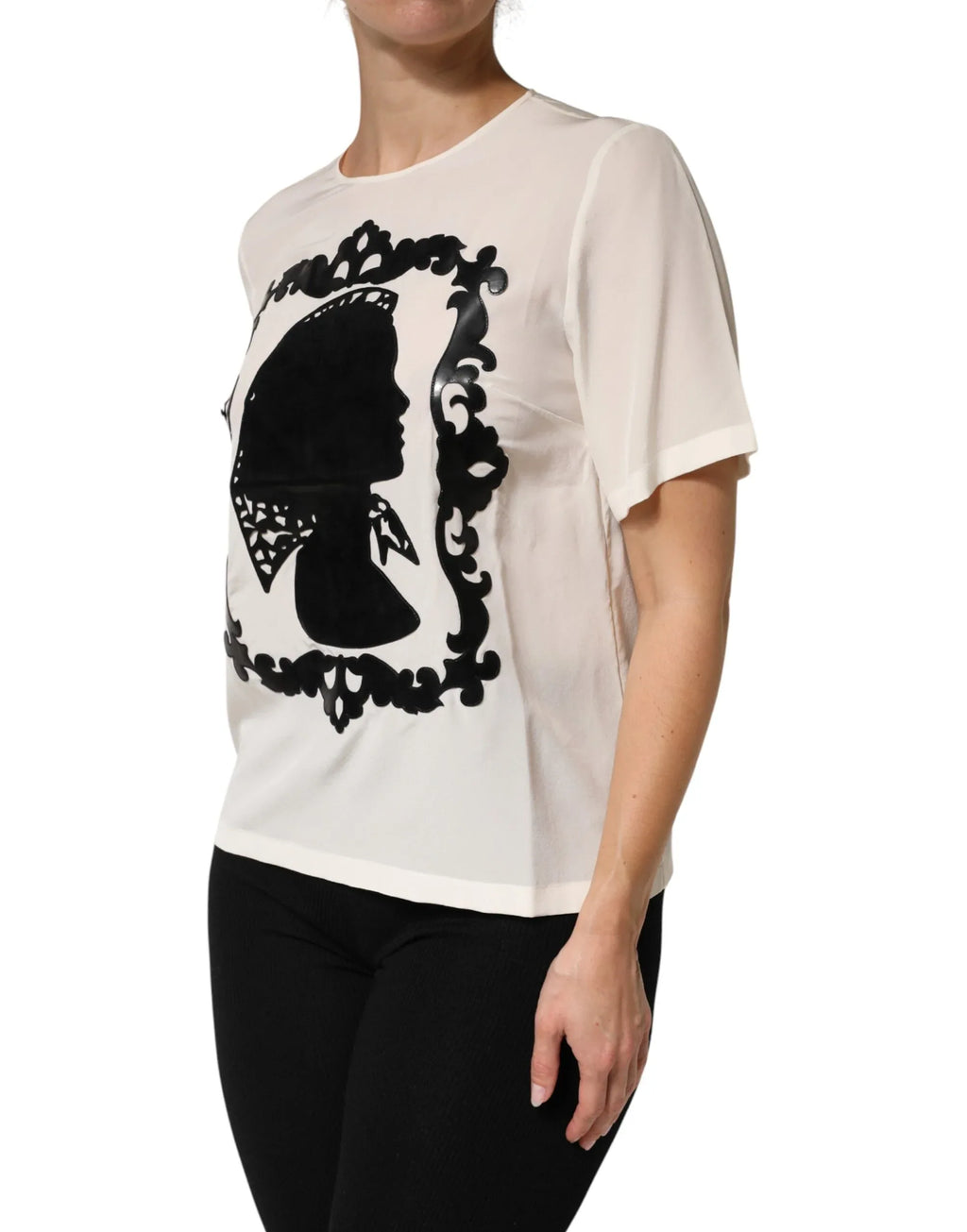 Dolce & Gabbana Cream Silk Silhouette Detail Short Sleeve Top - Zeiniez