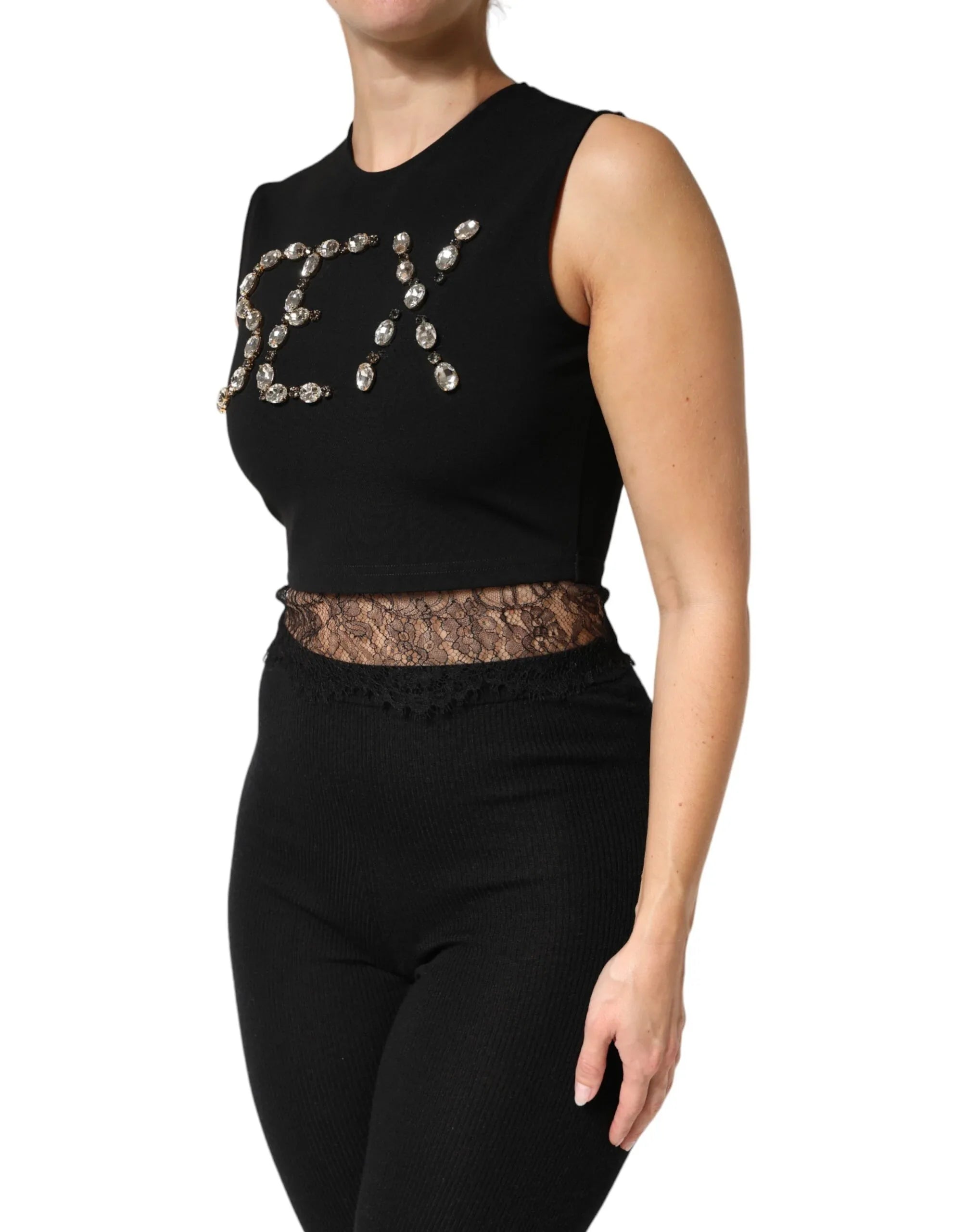Dolce & Gabbana Black Jersey Lace Ruching Rhinestone Tank Top - Zeiniez