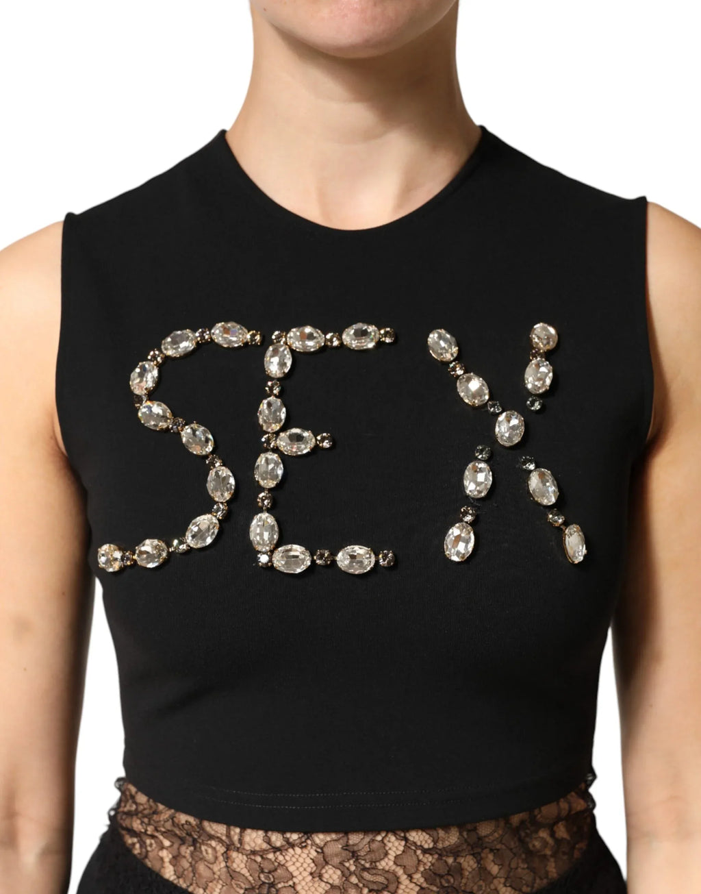 Dolce & Gabbana Black Jersey Lace Ruching Rhinestone Tank Top - Zeiniez