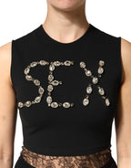 Dolce & Gabbana Black Jersey Lace Ruching Rhinestone Tank Top - Zeiniez