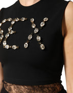 Dolce & Gabbana Black Jersey Lace Ruching Rhinestone Tank Top - Zeiniez