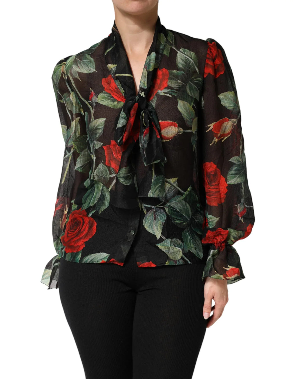 Dolce & Gabbana Black Floral Long Sleeves Silk Blouse Top - Zeiniez