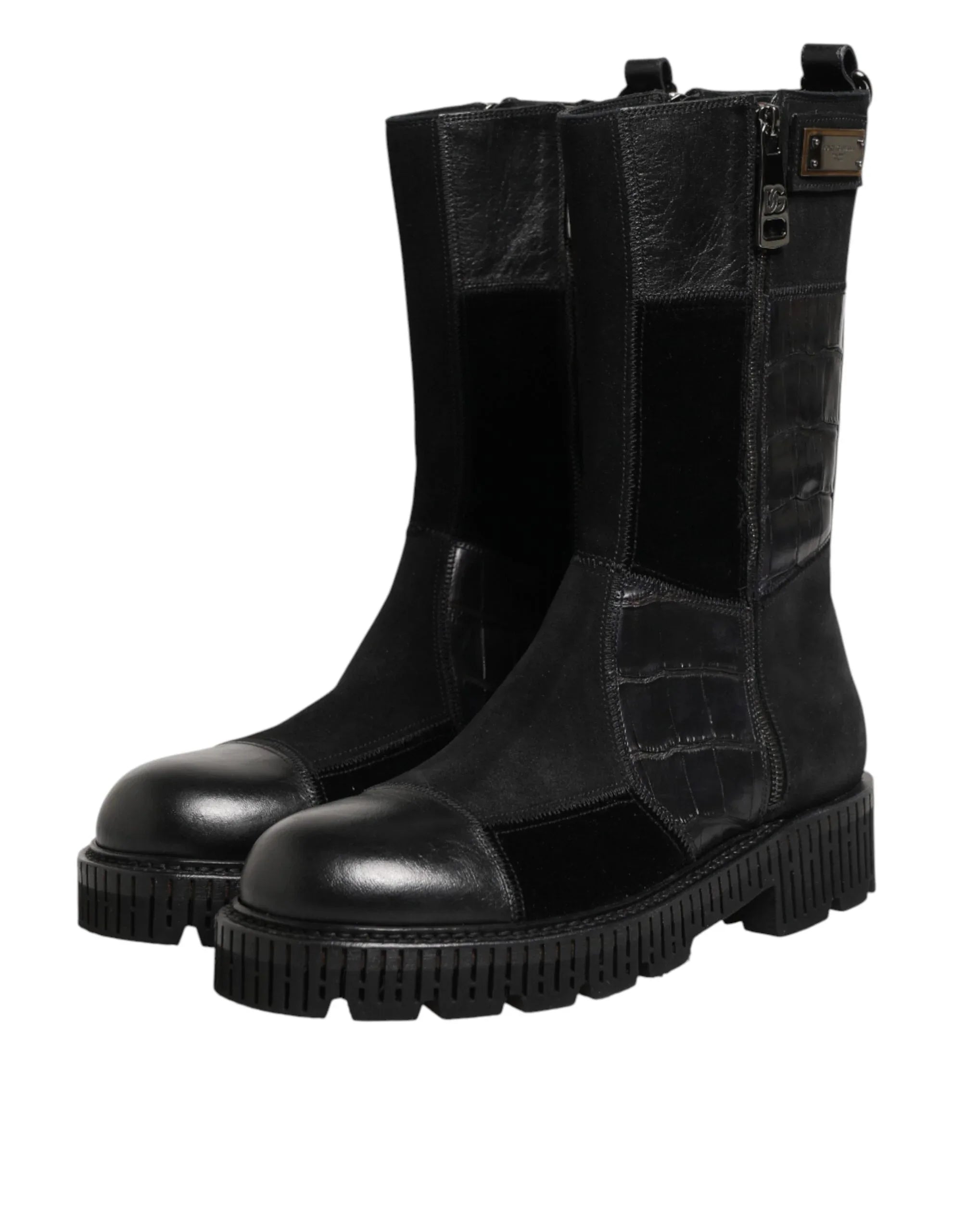 Dolce & Gabbana Black Patchwork Leather Mid Calf Boot Shoes - Zeiniez