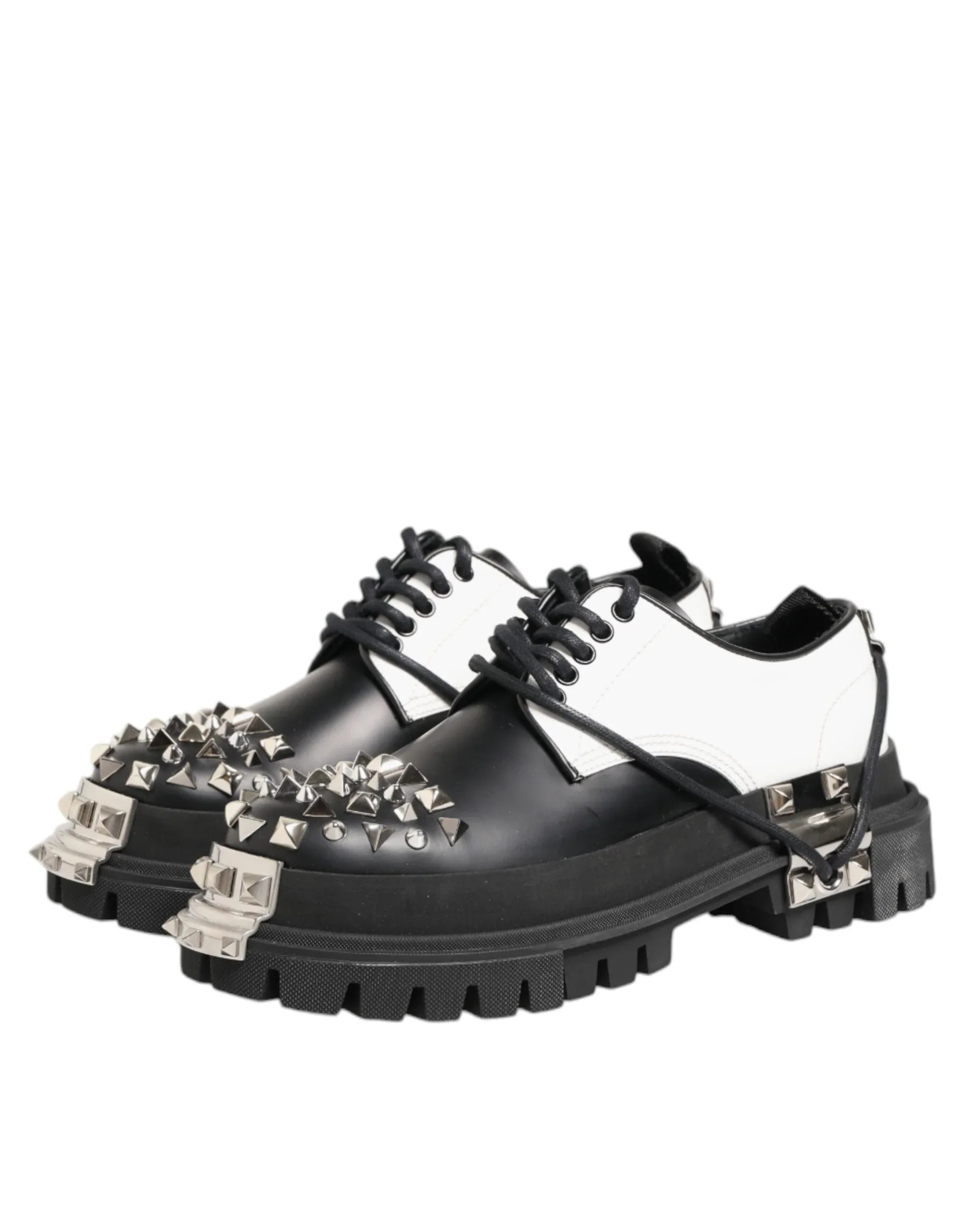 Dolce & Gabbana Black White Studded Men Formal Derby Shoes - Zeiniez