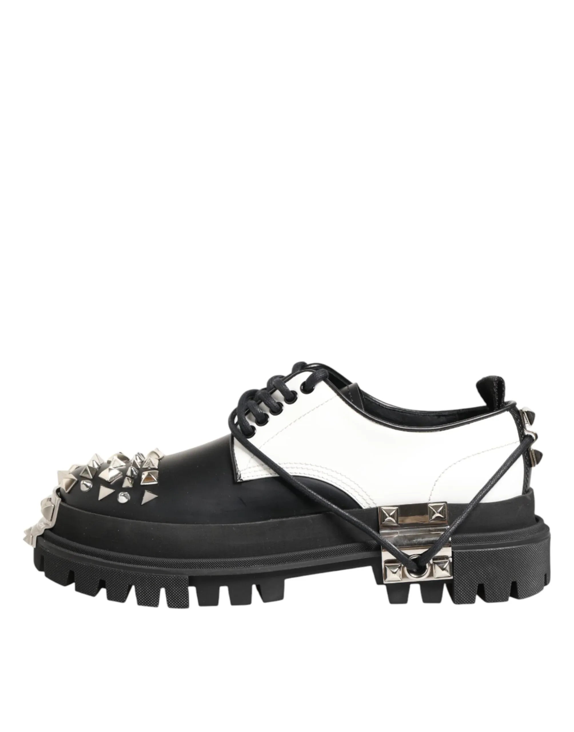 Dolce & Gabbana Black White Studded Men Formal Derby Shoes - Zeiniez