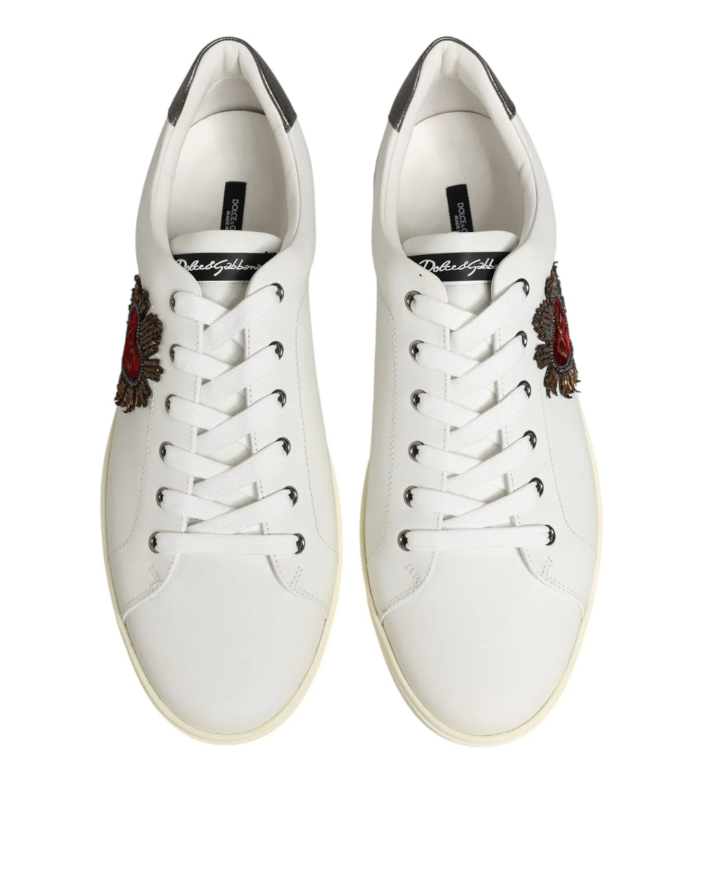 Dolce & Gabbana White Leather Heart Embellished Sneakers Shoes - Zeiniez