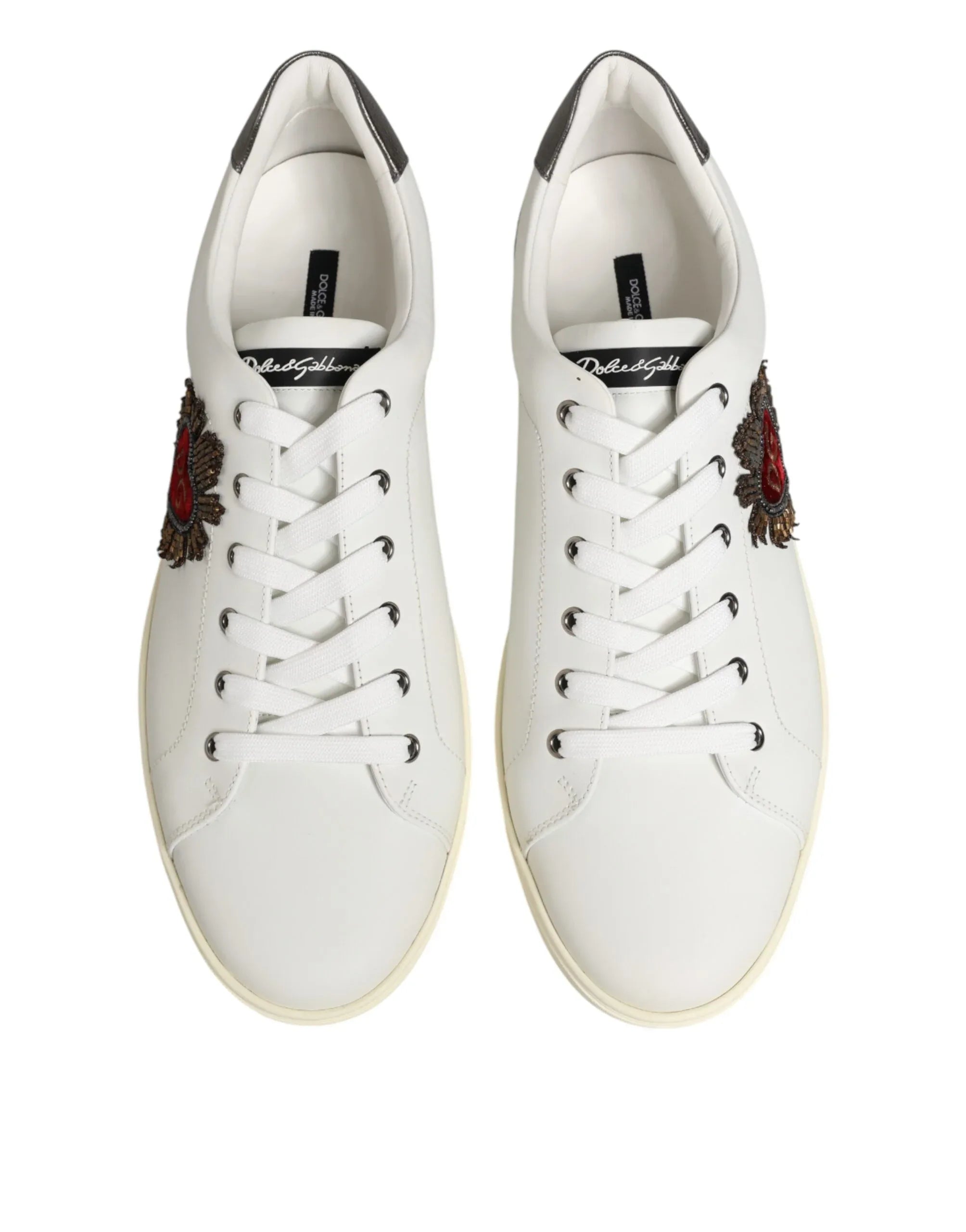 Dolce & Gabbana White Leather Heart Embellished Sneakers Shoes - Zeiniez