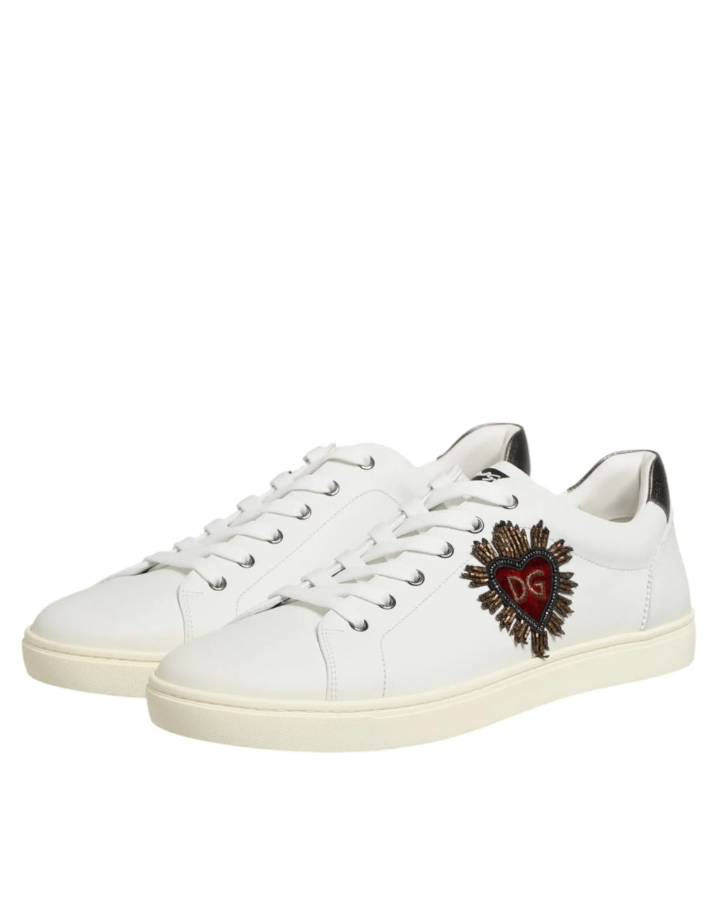 Dolce & Gabbana White Leather Heart Embellished Sneakers Shoes - Zeiniez