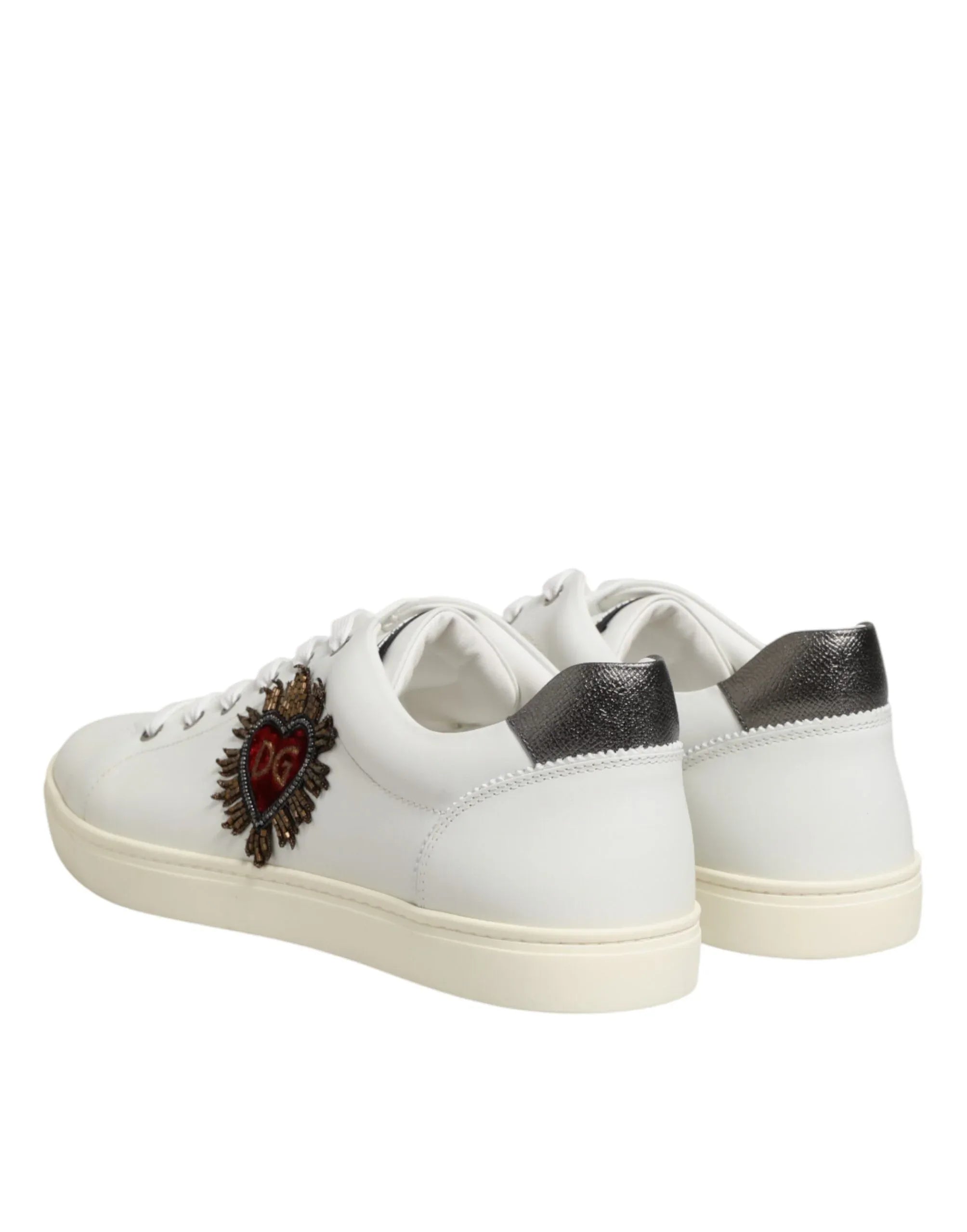 Dolce & Gabbana White Leather Heart Embellished Sneakers Shoes - Zeiniez