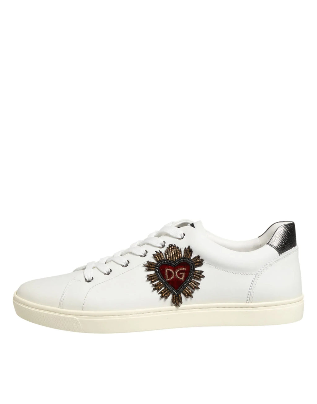 Dolce & Gabbana White Leather Heart Embellished Sneakers Shoes - Zeiniez
