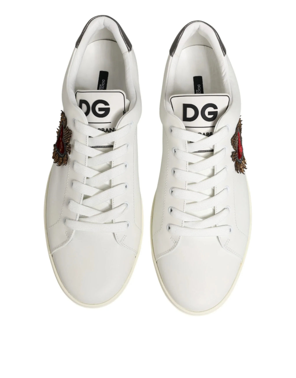 Dolce & Gabbana White Leather Heart Embellished Sneakers Shoes - Zeiniez