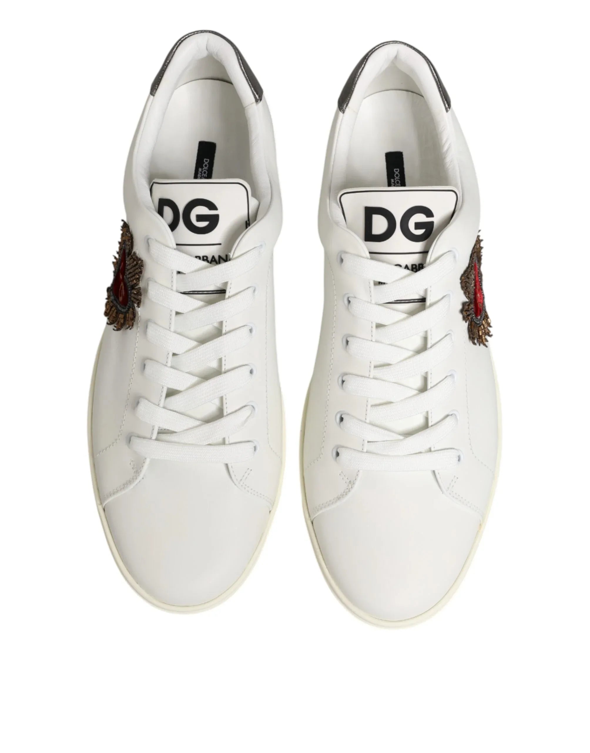 Dolce & Gabbana White Leather Heart Embellished Sneakers Shoes - Zeiniez