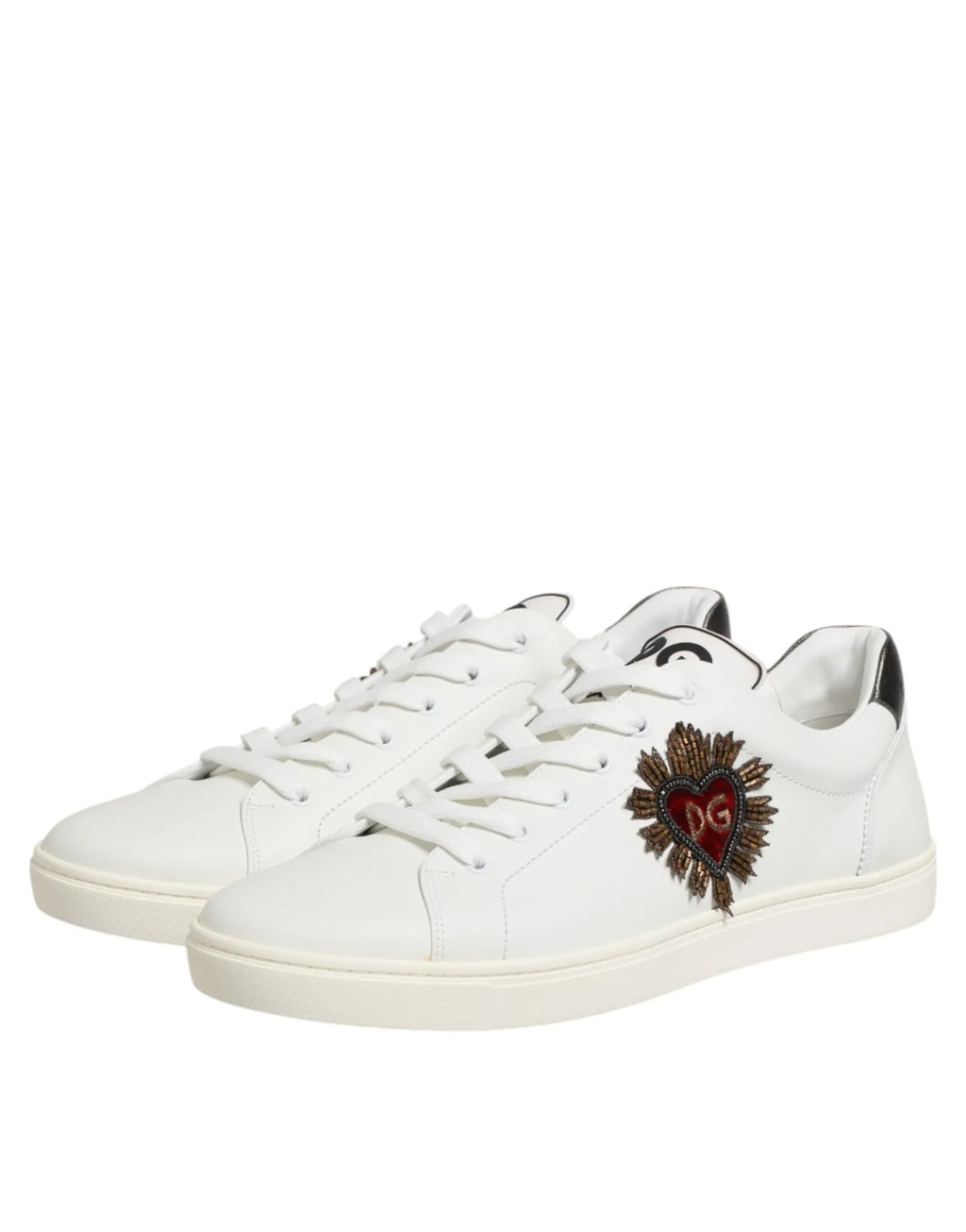 Dolce & Gabbana White Leather Heart Embellished Sneakers Shoes - Zeiniez