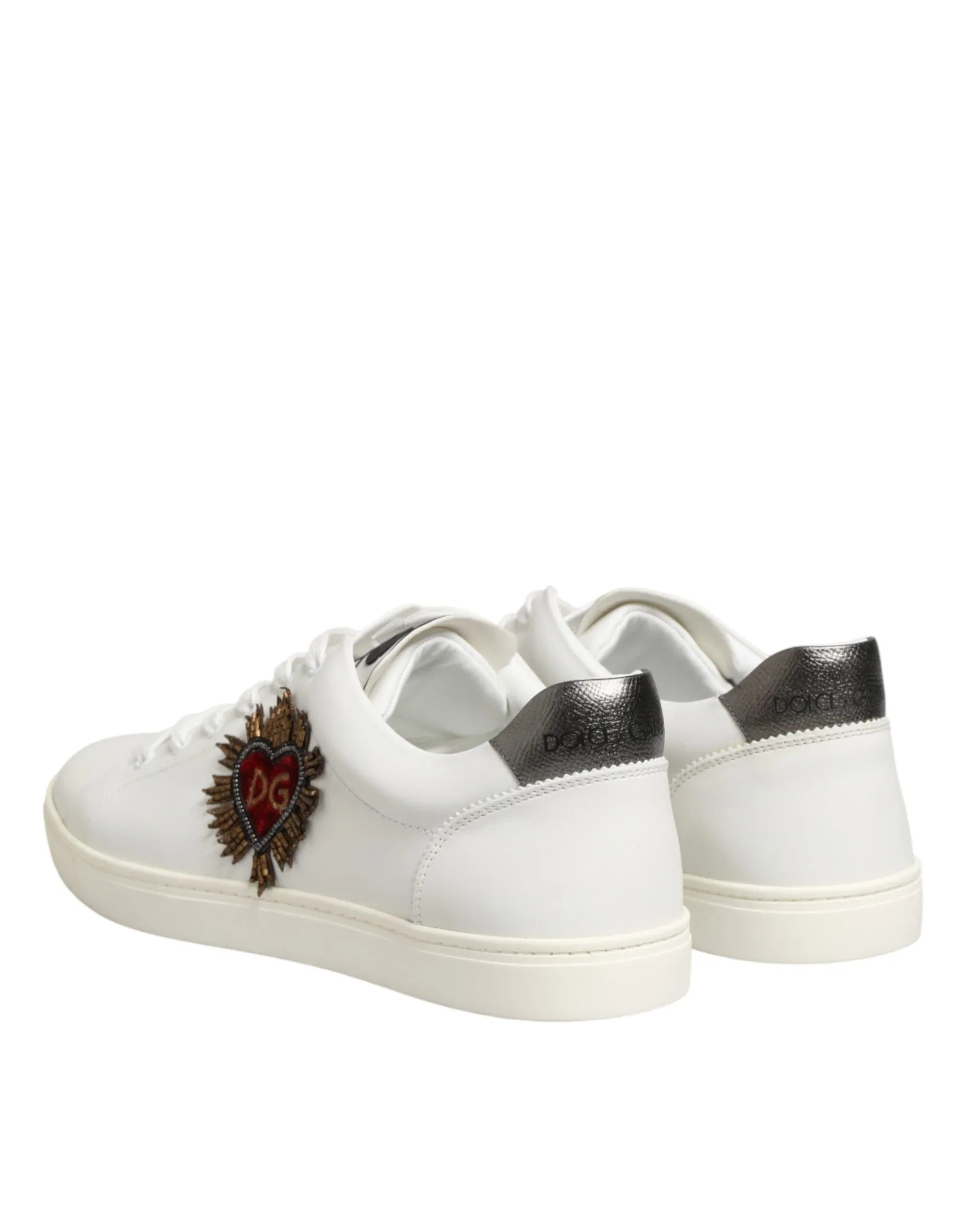 Dolce & Gabbana White Leather Heart Embellished Sneakers Shoes - Zeiniez