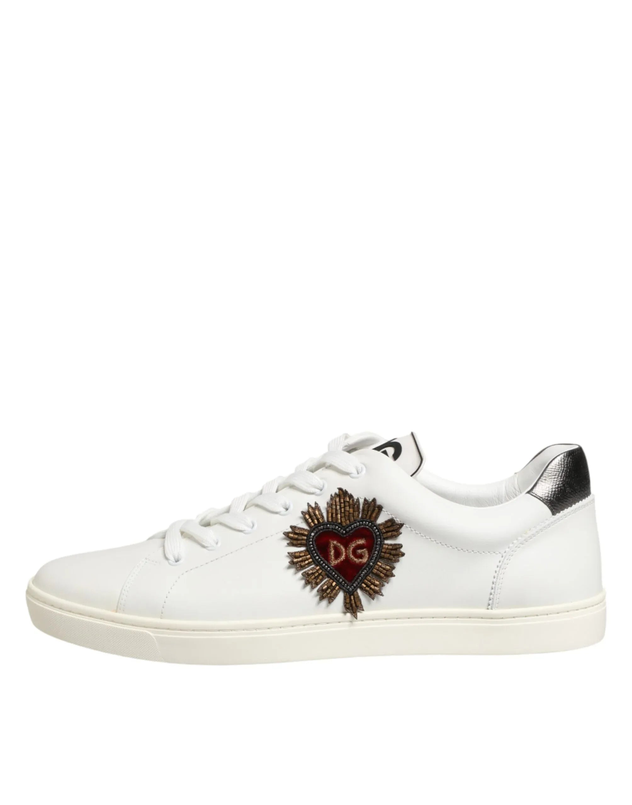 Dolce & Gabbana White Leather Heart Embellished Sneakers Shoes - Zeiniez