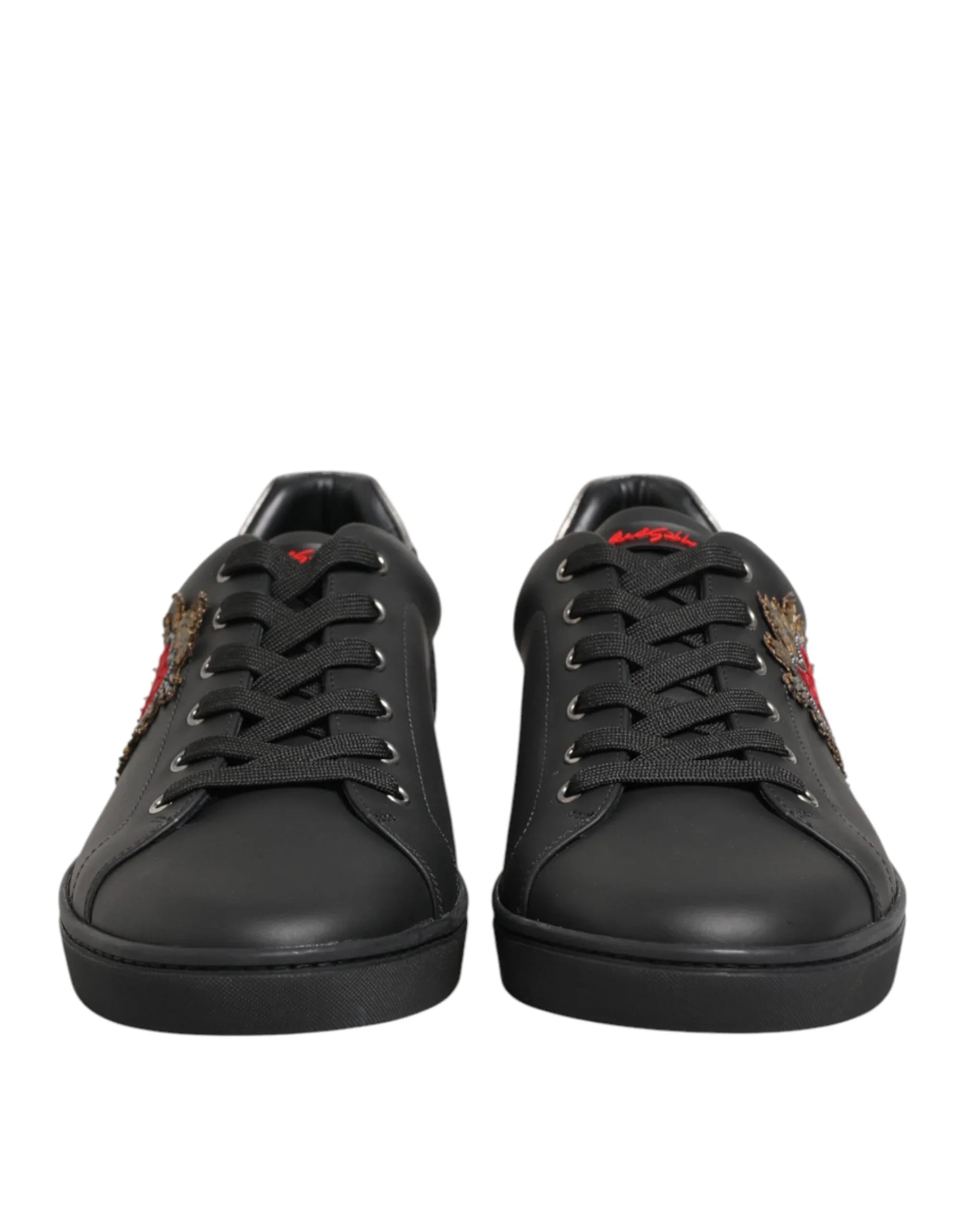 Dolce & Gabbana Black Leather Heart Embellished Sneakers Shoes - Zeiniez