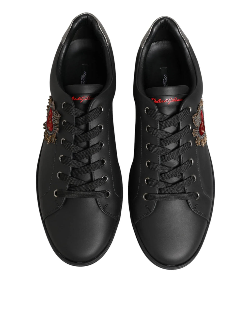Dolce & Gabbana Black Leather Heart Embellished Sneakers Shoes - Zeiniez