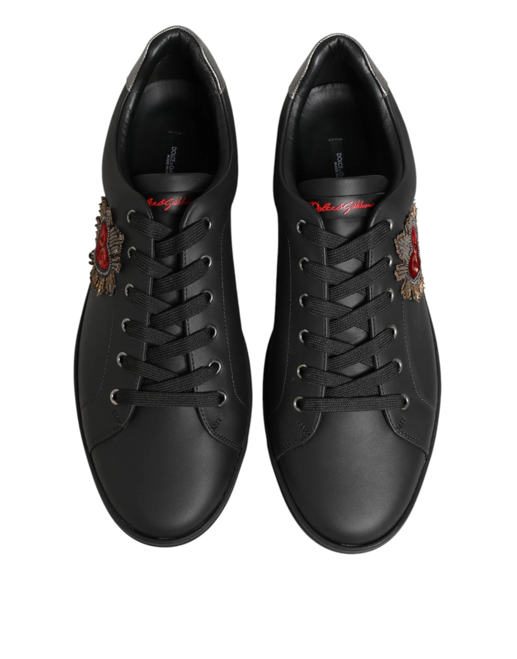Dolce & Gabbana Black Leather Heart Embellished Sneakers Shoes - Zeiniez