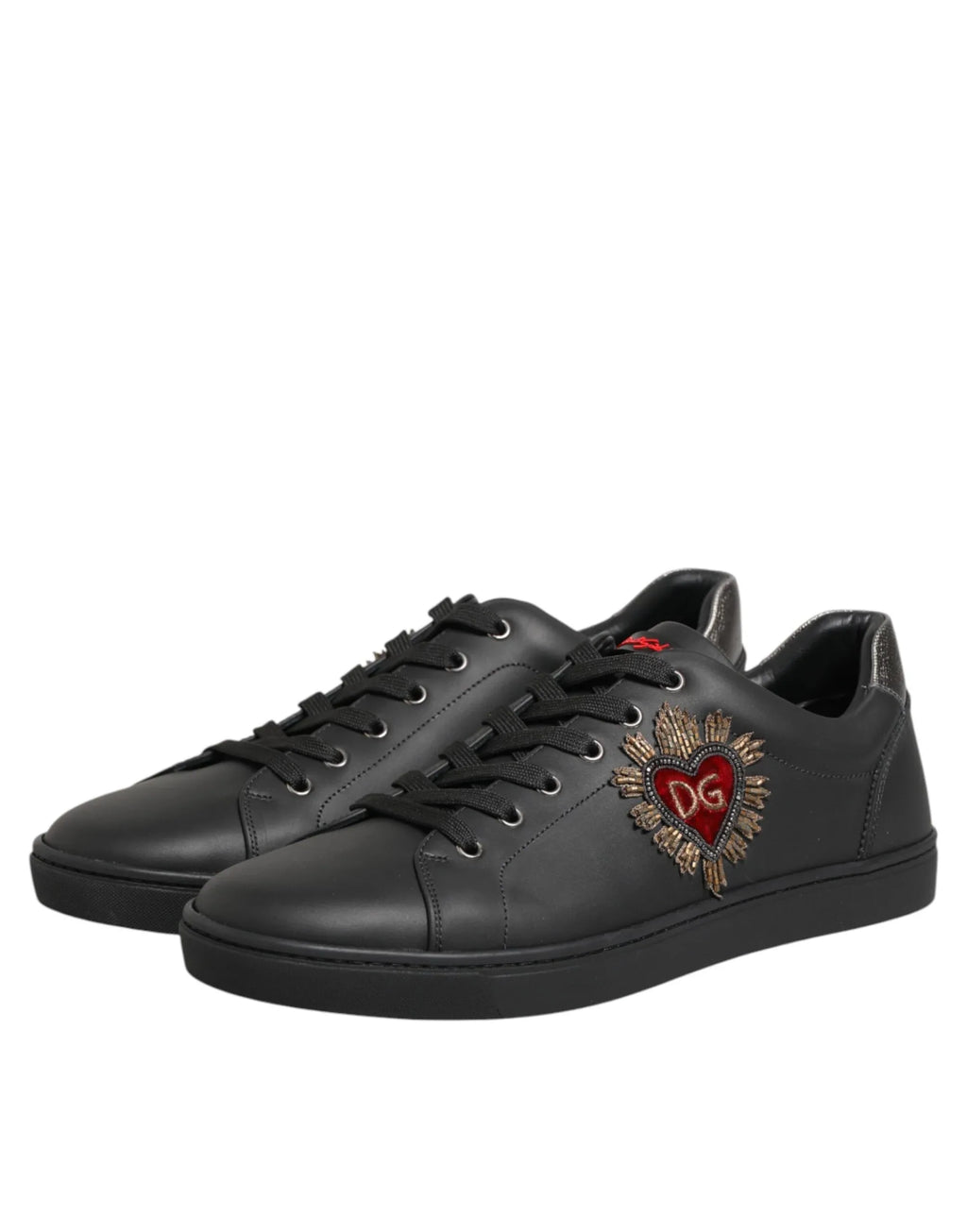 Dolce & Gabbana Black Leather Heart Embellished Sneakers Shoes - Zeiniez