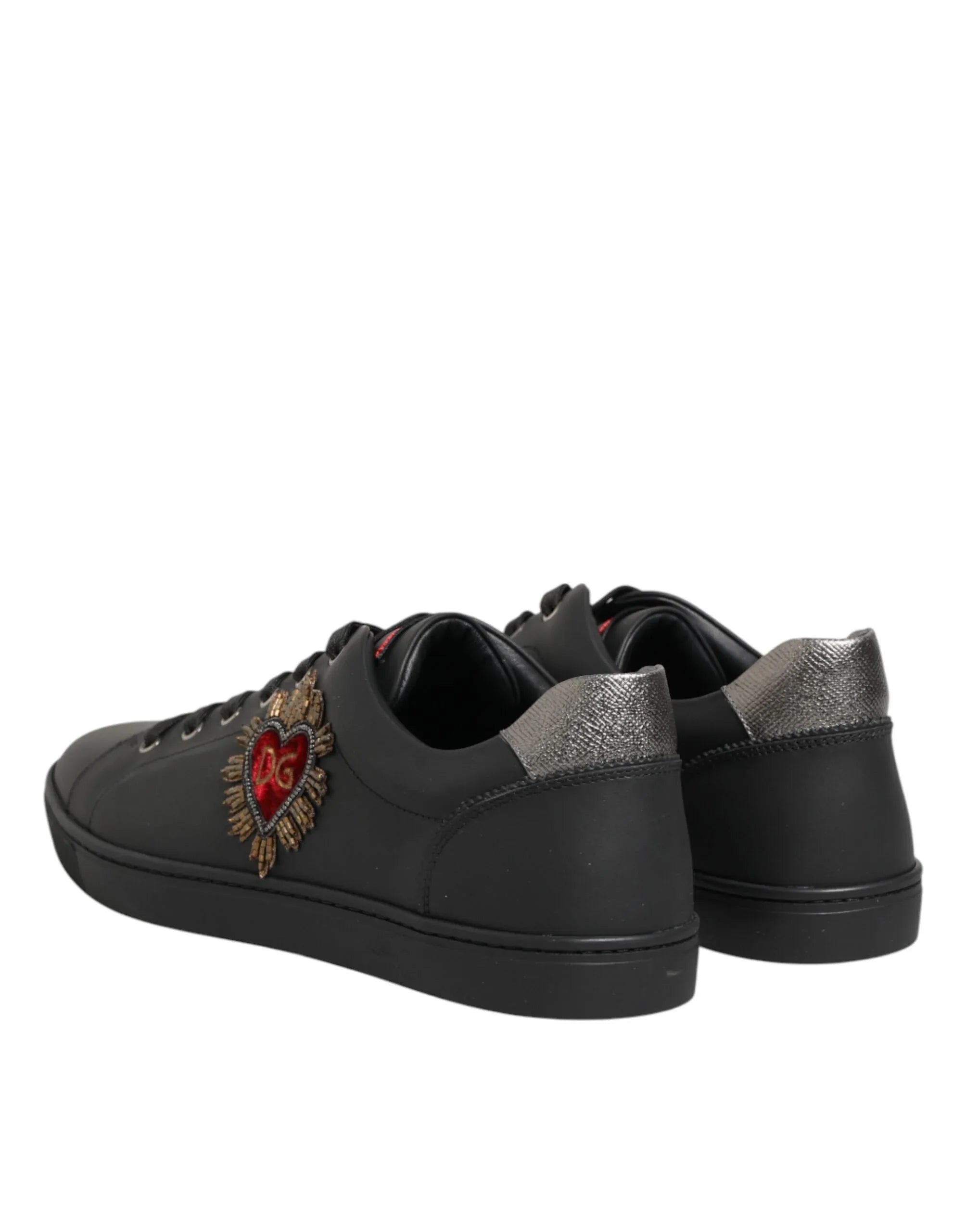Dolce & Gabbana Black Leather Heart Embellished Sneakers Shoes - Zeiniez