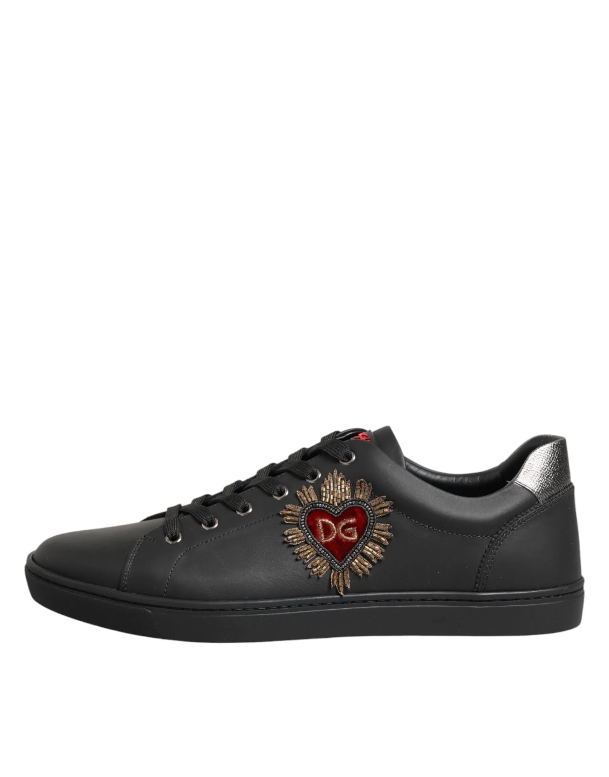 Dolce & Gabbana Black Leather Heart Embellished Sneakers Shoes - Zeiniez