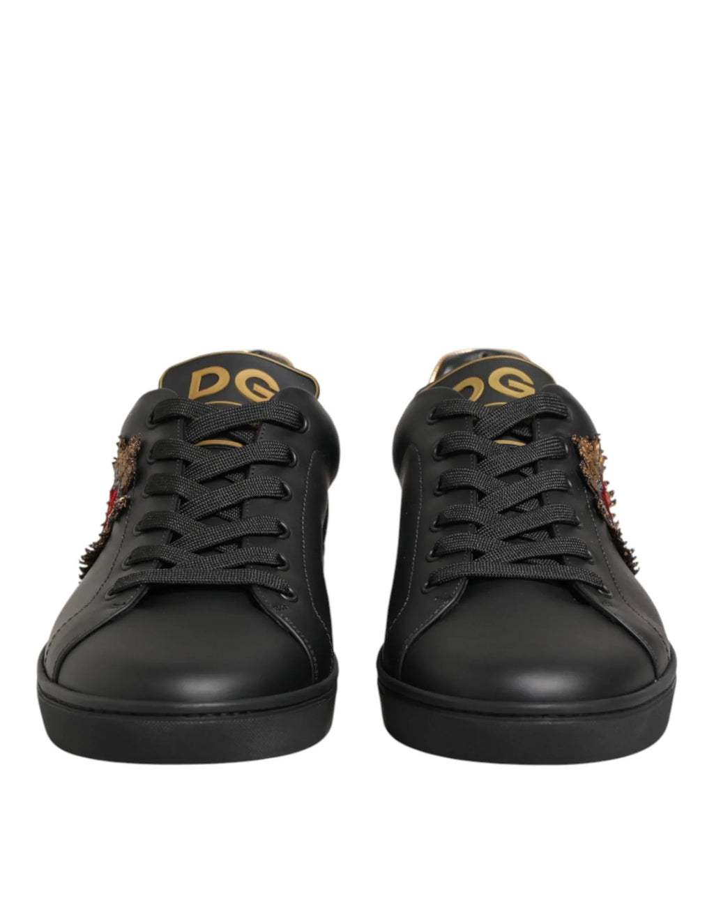 Dolce & Gabbana Black Leather Heart Embellished Sneakers Shoes - Zeiniez