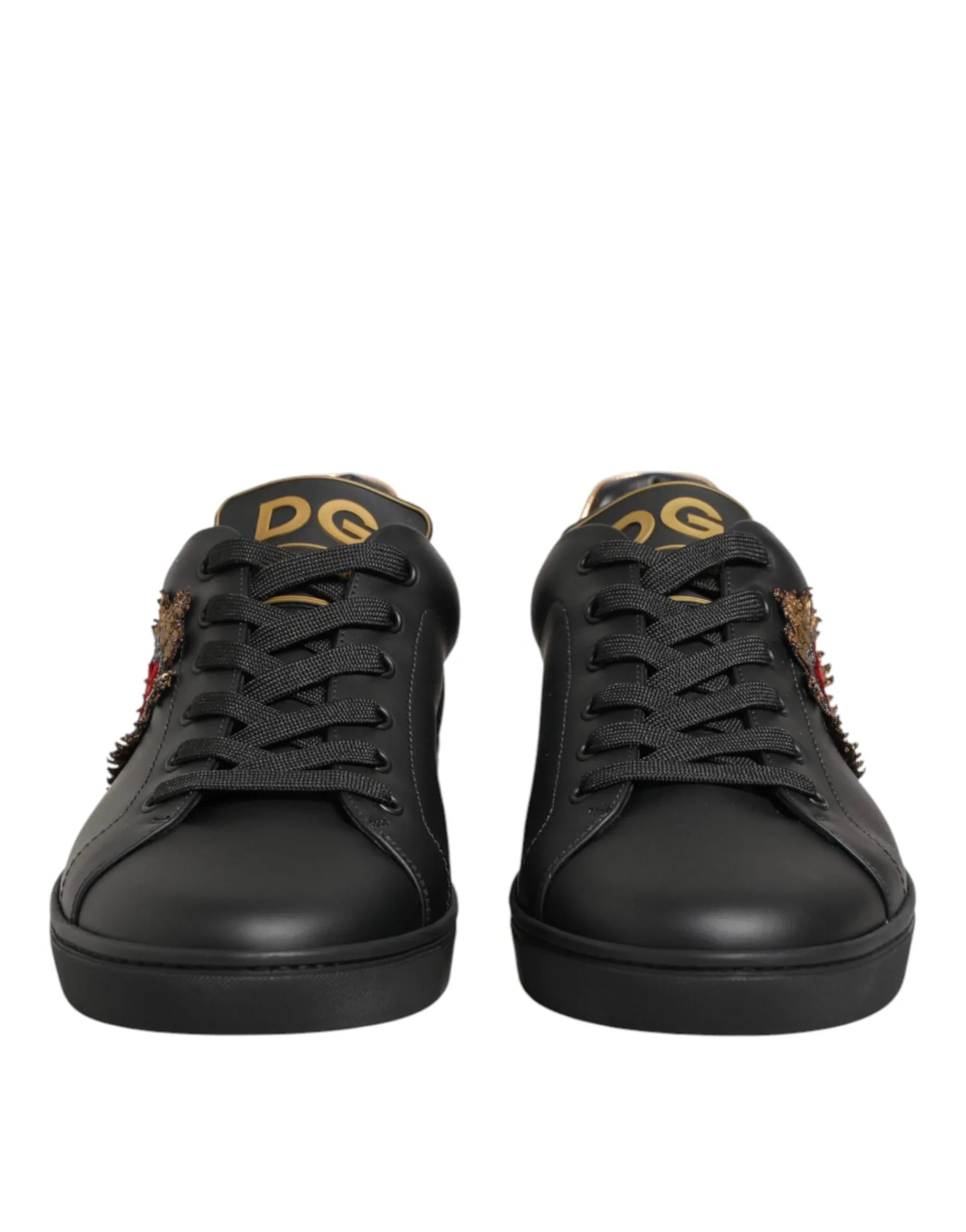 Dolce & Gabbana Black Leather Heart Embellished Sneakers Shoes - Zeiniez