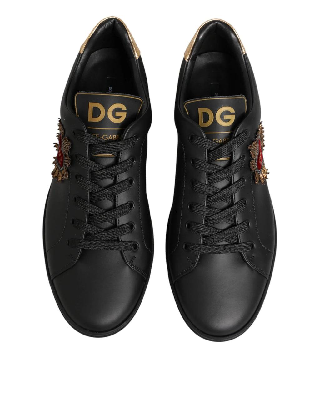 Dolce & Gabbana Black Leather Heart Embellished Sneakers Shoes - Zeiniez