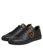 Dolce & Gabbana Black Leather Heart Embellished Sneakers Shoes - Zeiniez