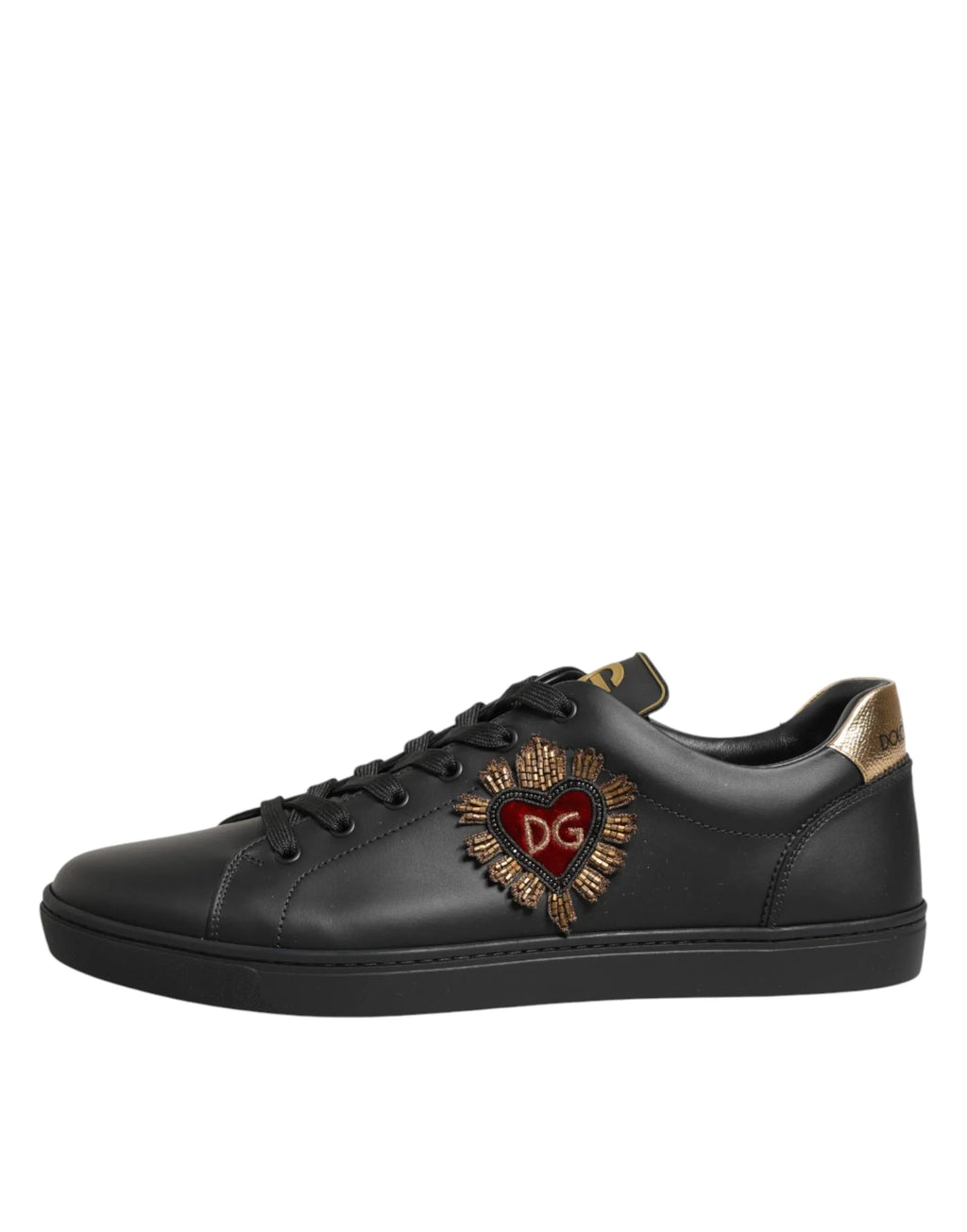Dolce & Gabbana Black Leather Heart Embellished Sneakers Shoes - Zeiniez