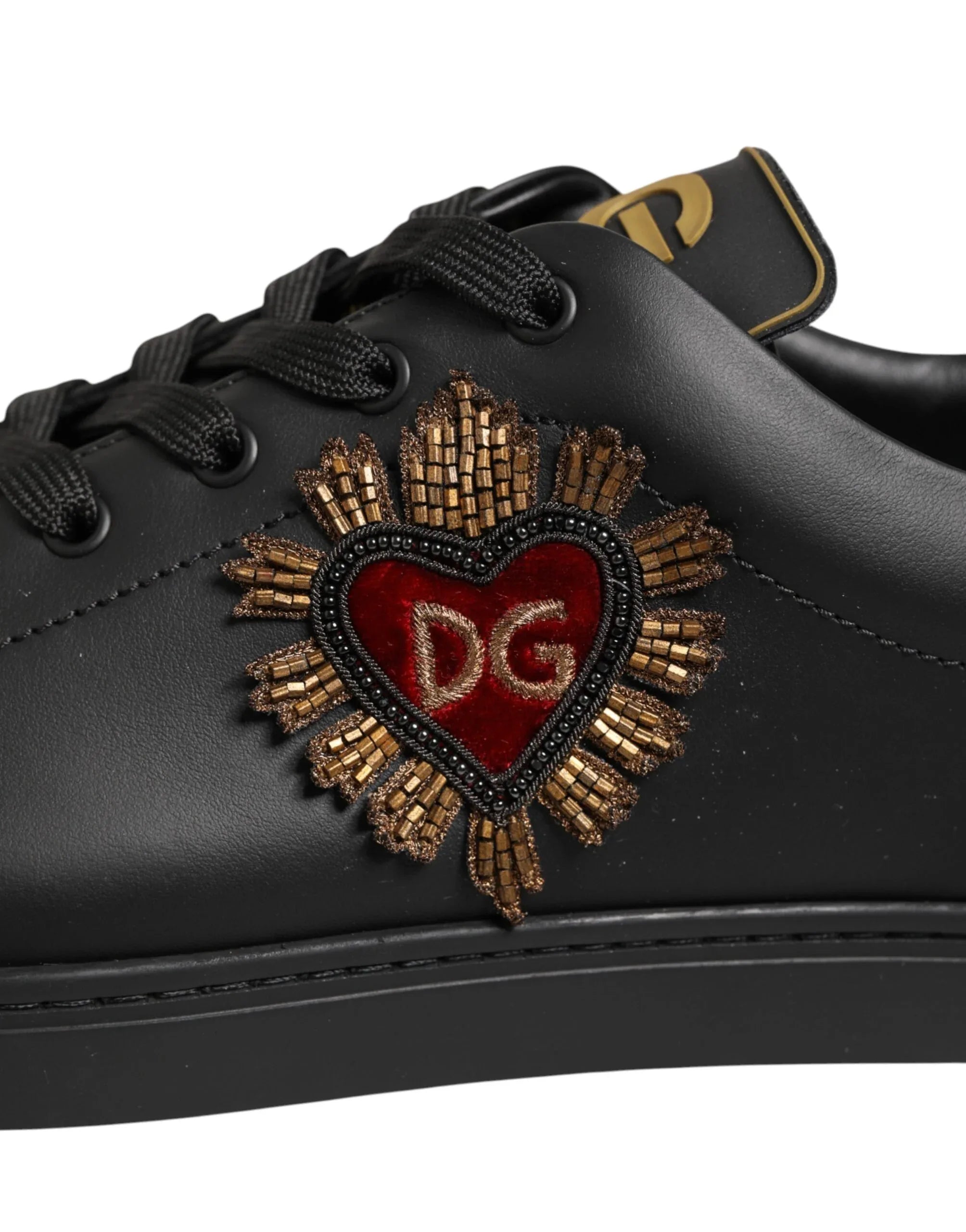 Dolce & Gabbana Black Leather Heart Embellished Sneakers Shoes - Zeiniez