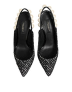 Dolce & Gabbana White Black Chevron Faux Pearl Slingbacks Shoes - Zeiniez