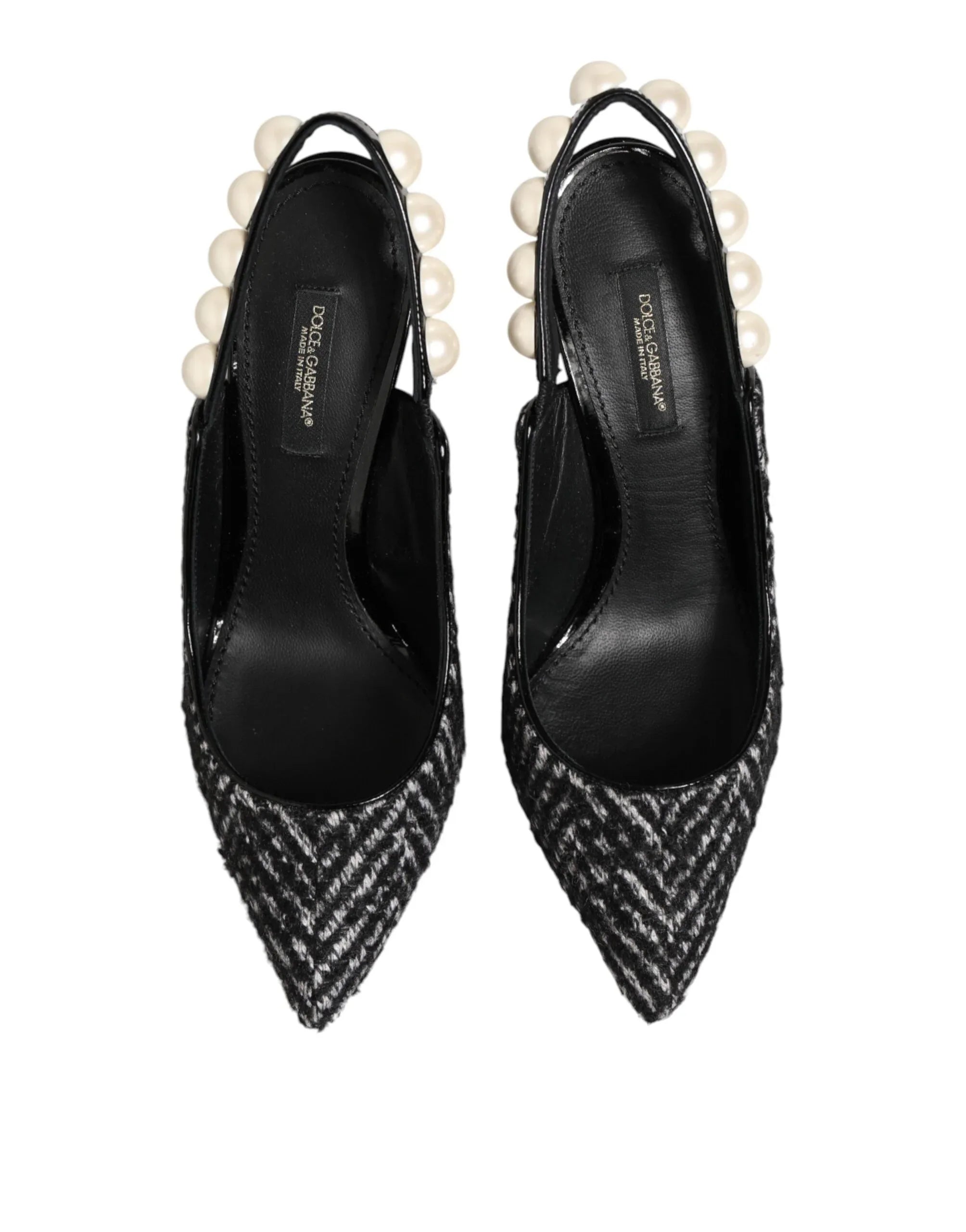 Dolce & Gabbana White Black Chevron Faux Pearl Slingbacks Shoes - Zeiniez