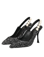 Dolce & Gabbana White Black Chevron Faux Pearl Slingbacks Shoes - Zeiniez