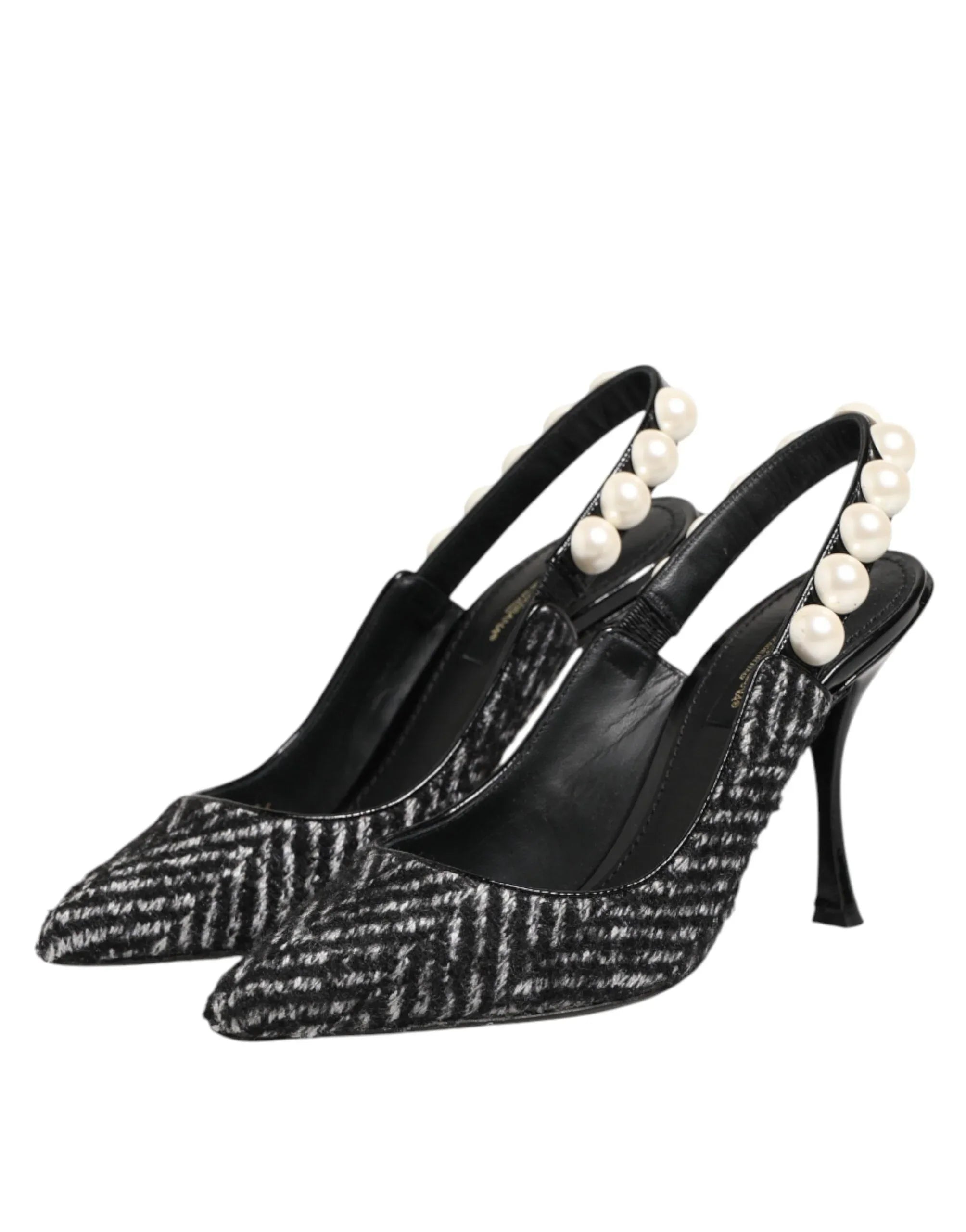 Dolce & Gabbana White Black Chevron Faux Pearl Slingbacks Shoes - Zeiniez