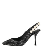Dolce & Gabbana White Black Chevron Faux Pearl Slingbacks Shoes - Zeiniez