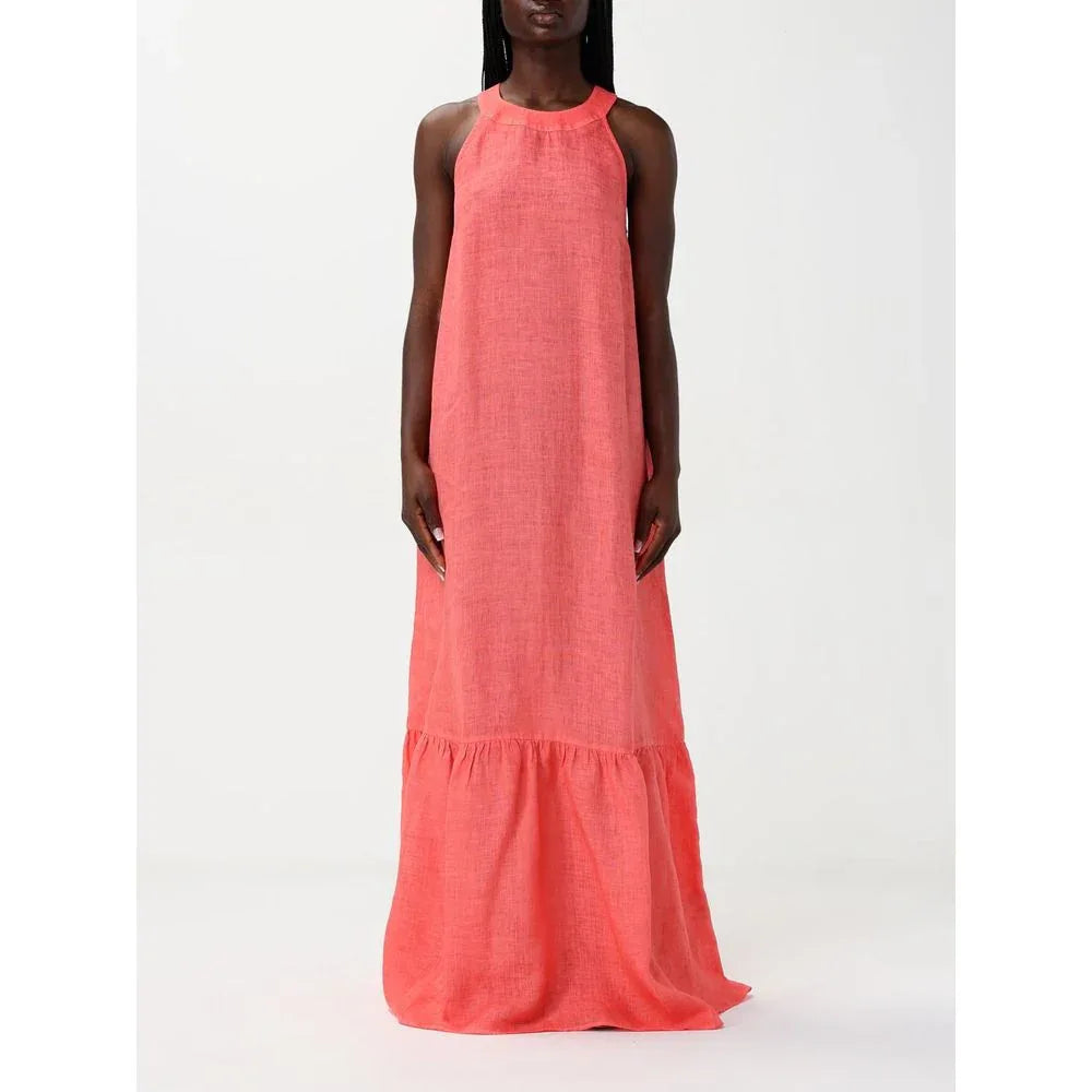 120% Lino Orange Linen Casual Dress - Zeiniez