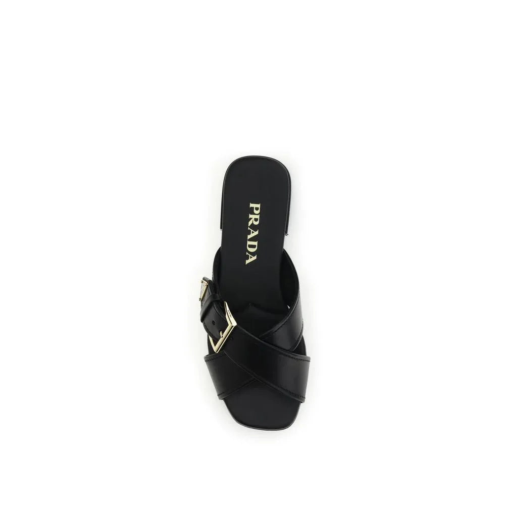 Prada Black Calf Leather Bos Taurus Flat Sandals - Zeiniez