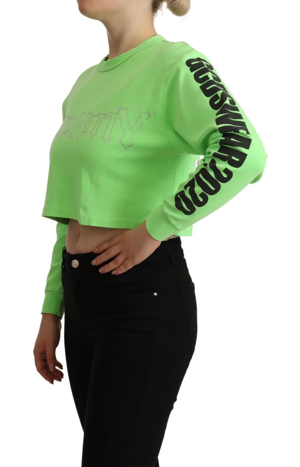 GCDS Mint Green Printed Long Sleeves Cropped Top Sweater - Zeiniez