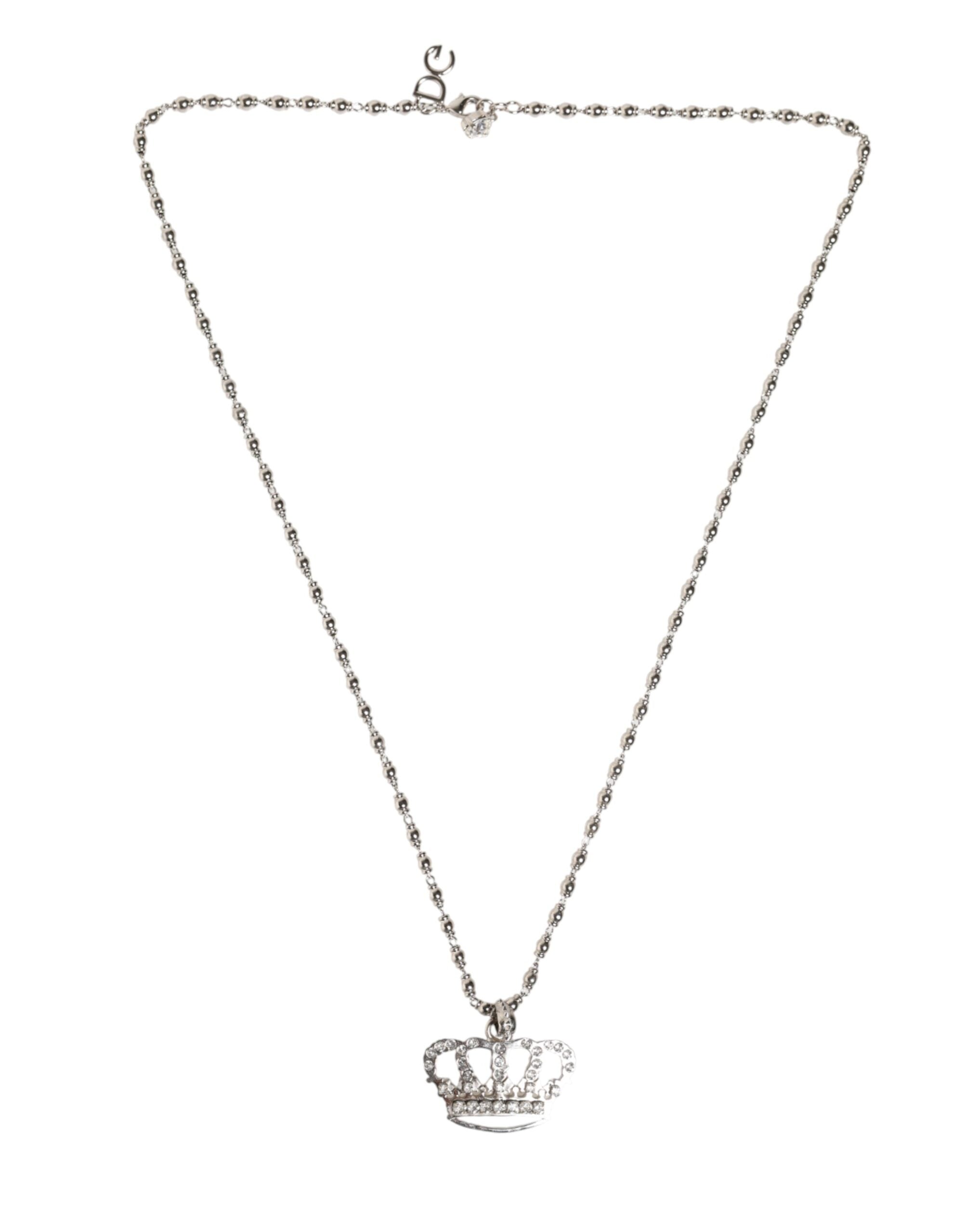 Dolce & Gabbana Silver Tone Brass Chain Crown Crystal Pendant  Necklace - Zeiniez
