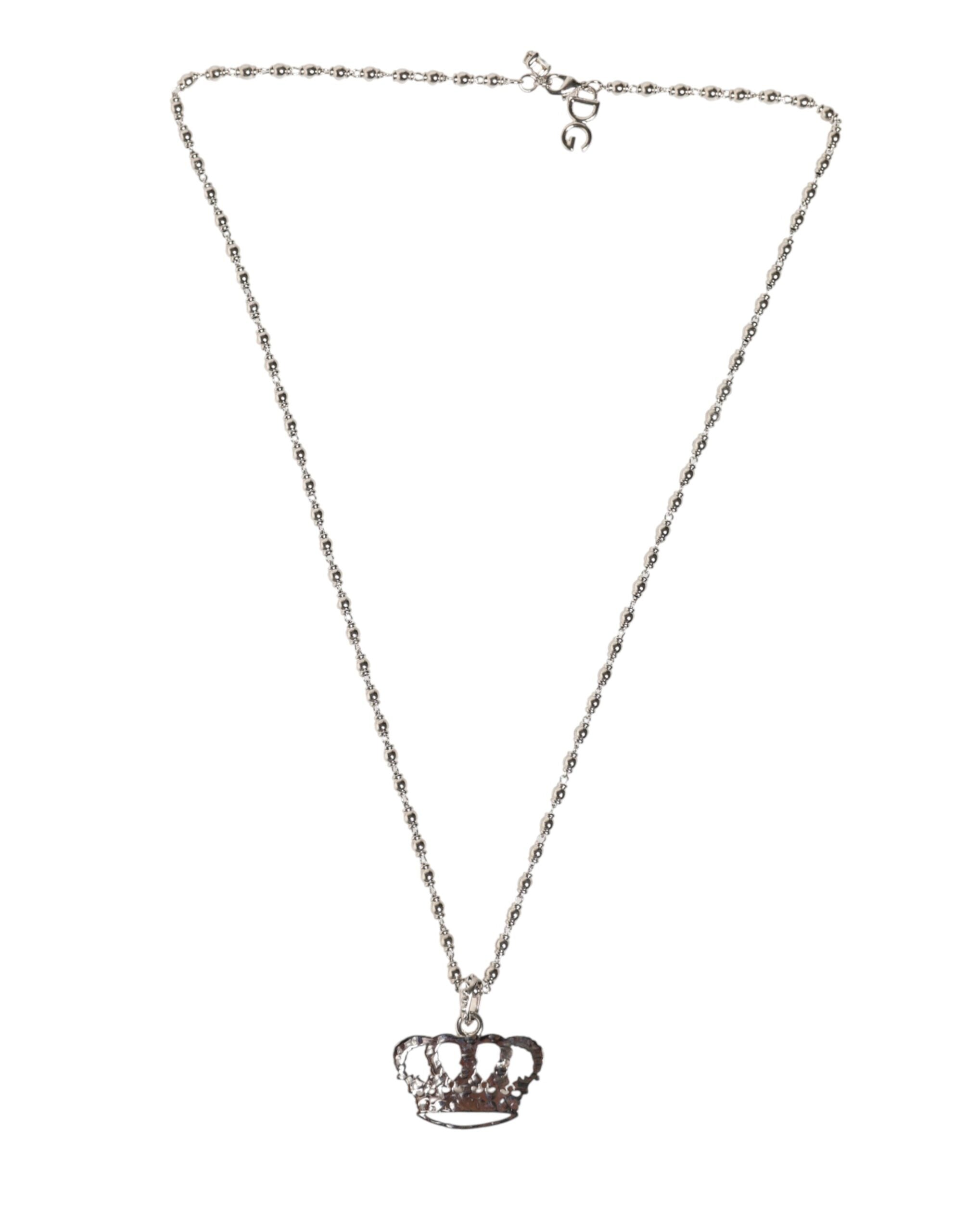 Dolce & Gabbana Silver Tone Brass Chain Crown Crystal Pendant  Necklace - Zeiniez