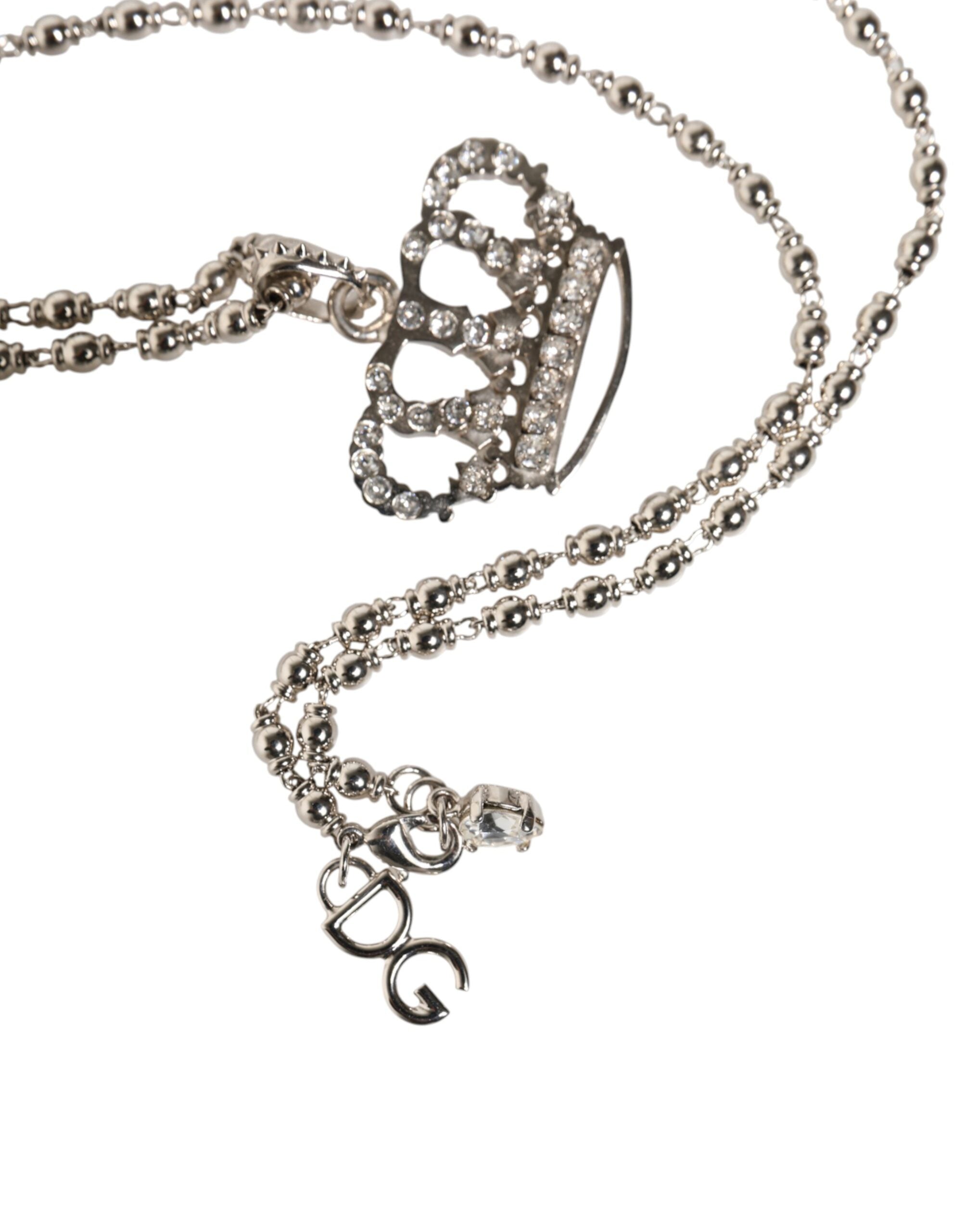 Dolce & Gabbana Silver Tone Brass Chain Crown Crystal Pendant  Necklace - Zeiniez