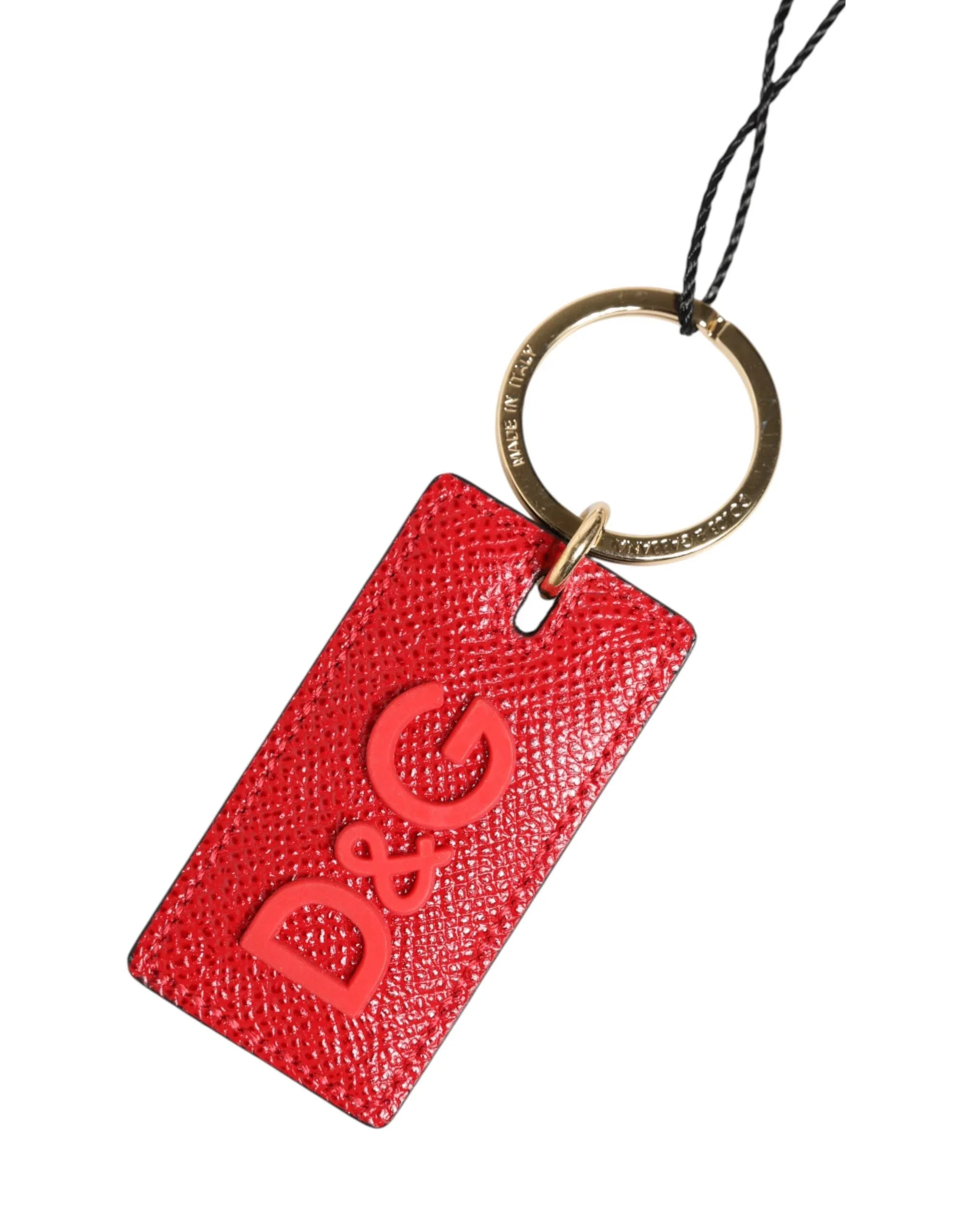 Dolce & Gabbana Red Calf Leather D&G Logo Metal Ring Keychain Keyring - Zeiniez