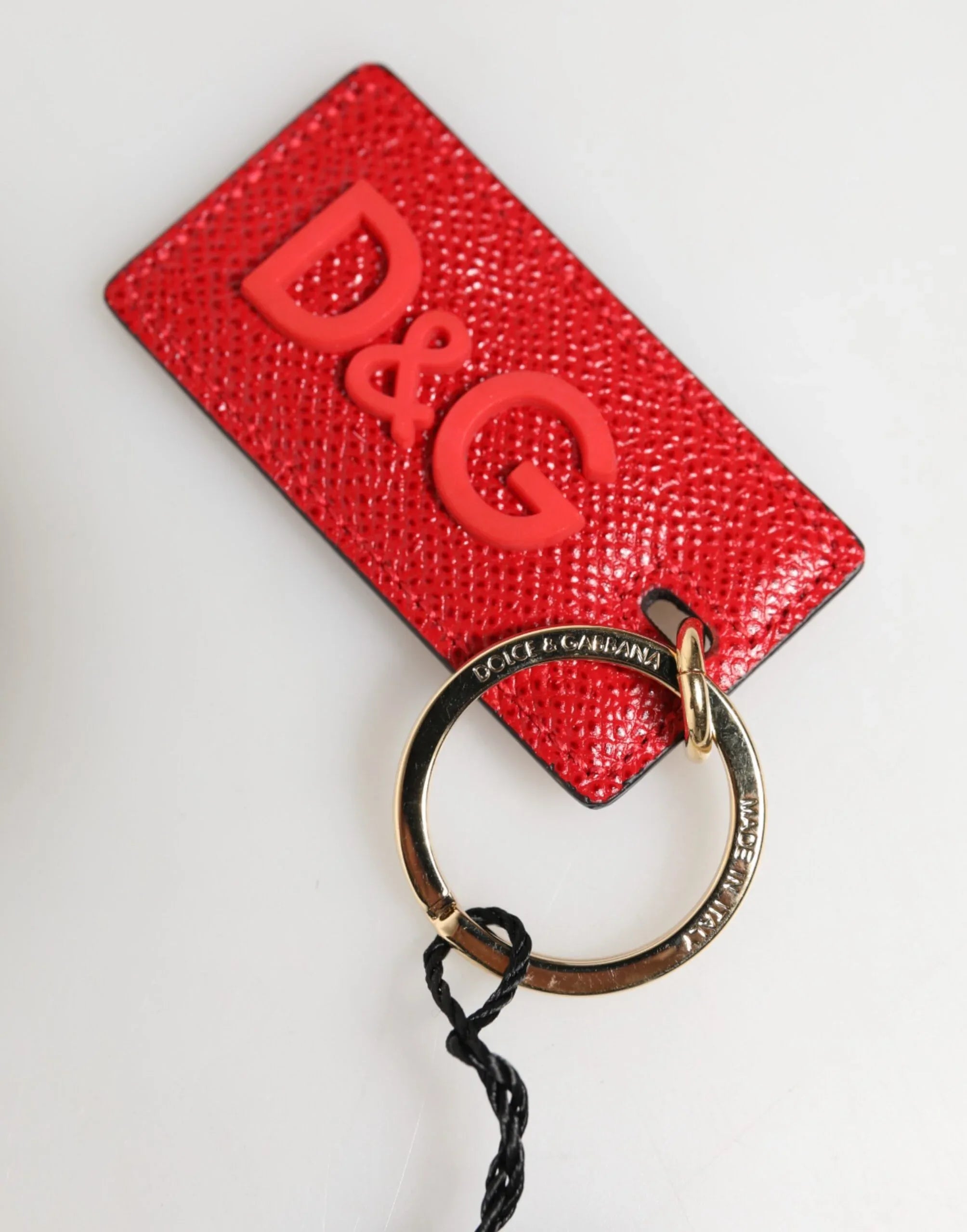 Dolce & Gabbana Red Calf Leather D&G Logo Metal Ring Keychain Keyring - Zeiniez