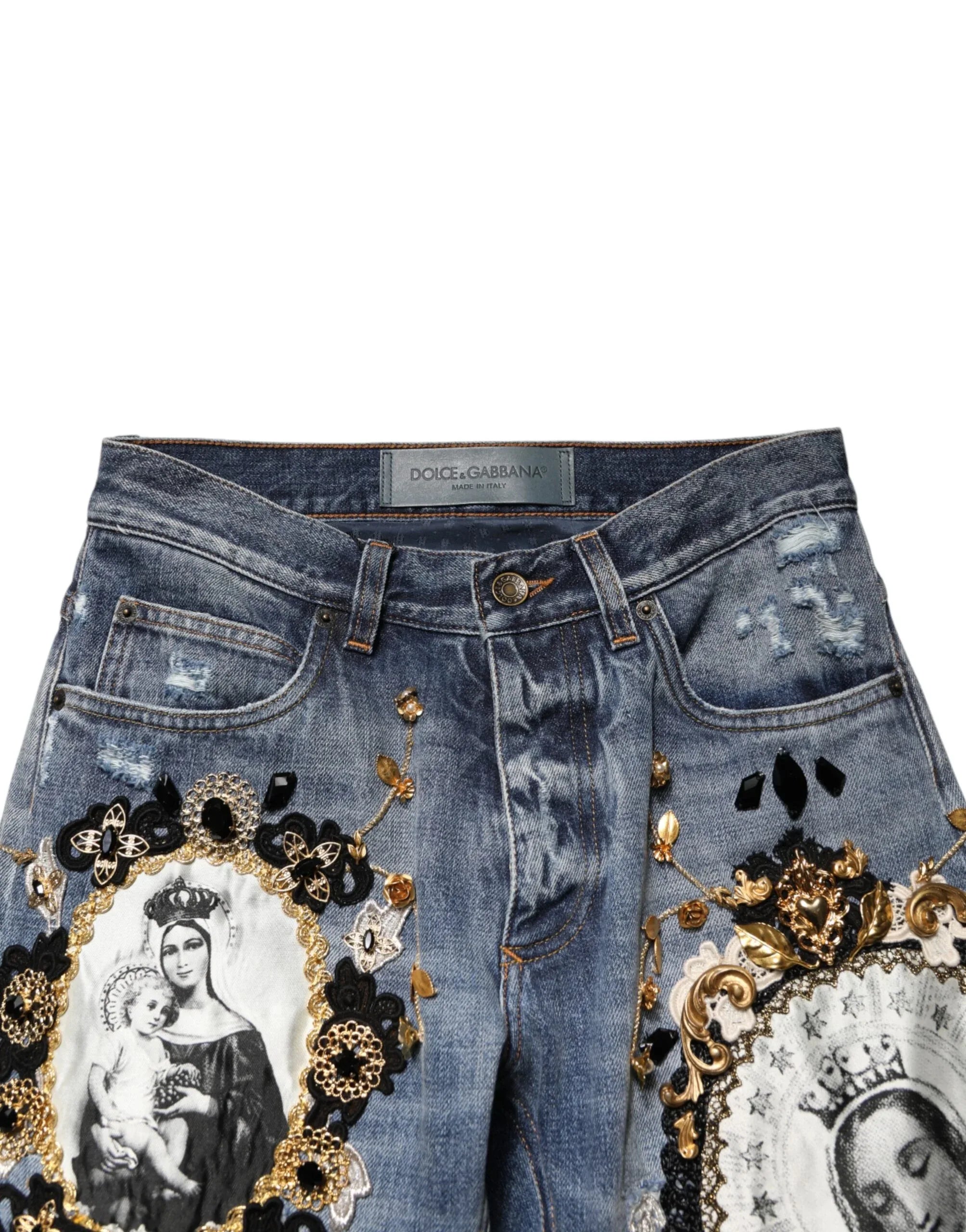 Dolce & Gabbana Blue Ripped Embellished Cotton Denim Jeans - Zeiniez