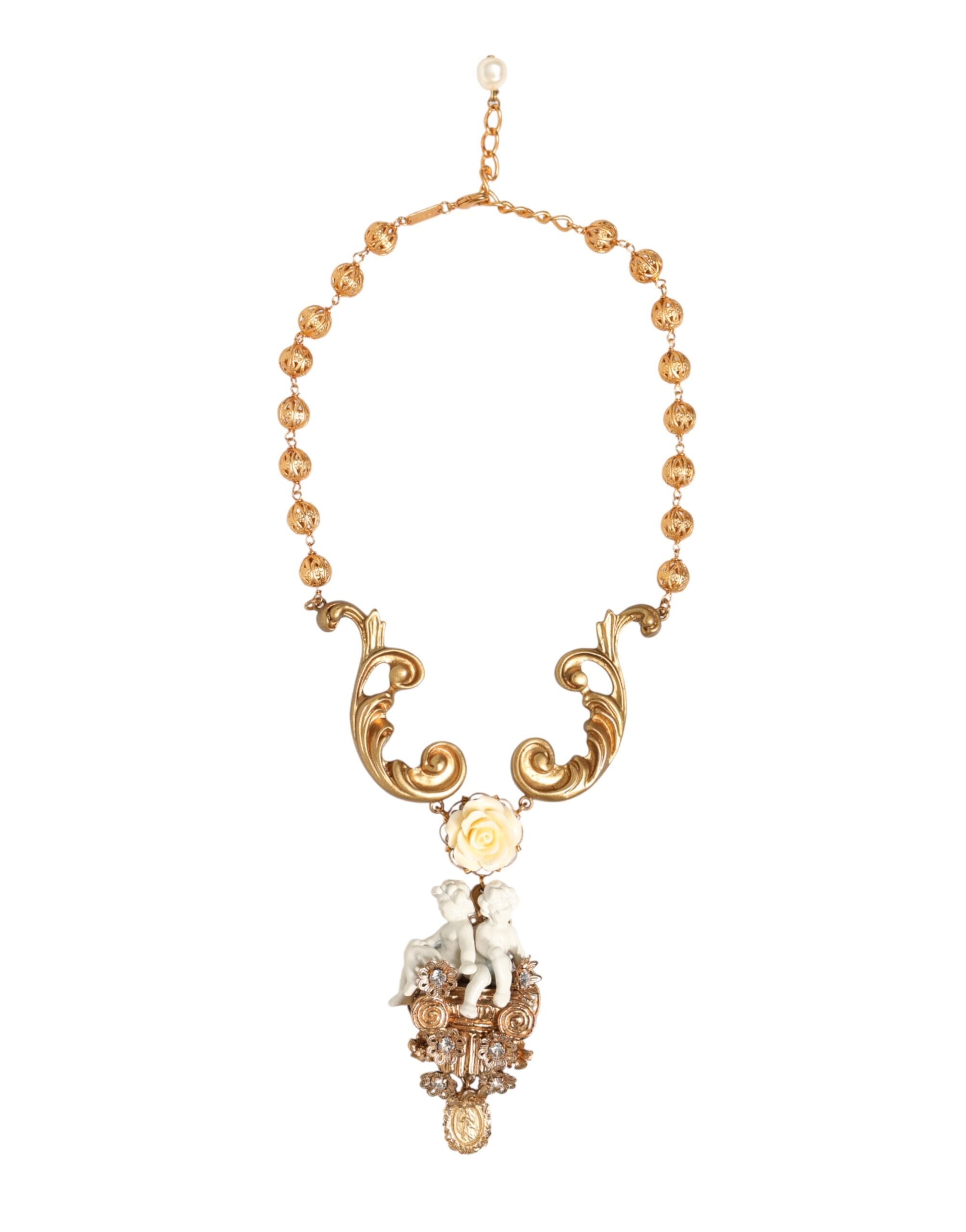 Dolce & Gabbana Gold Ceramic Crystal Cherub Baroque Pendant Necklace - Zeiniez